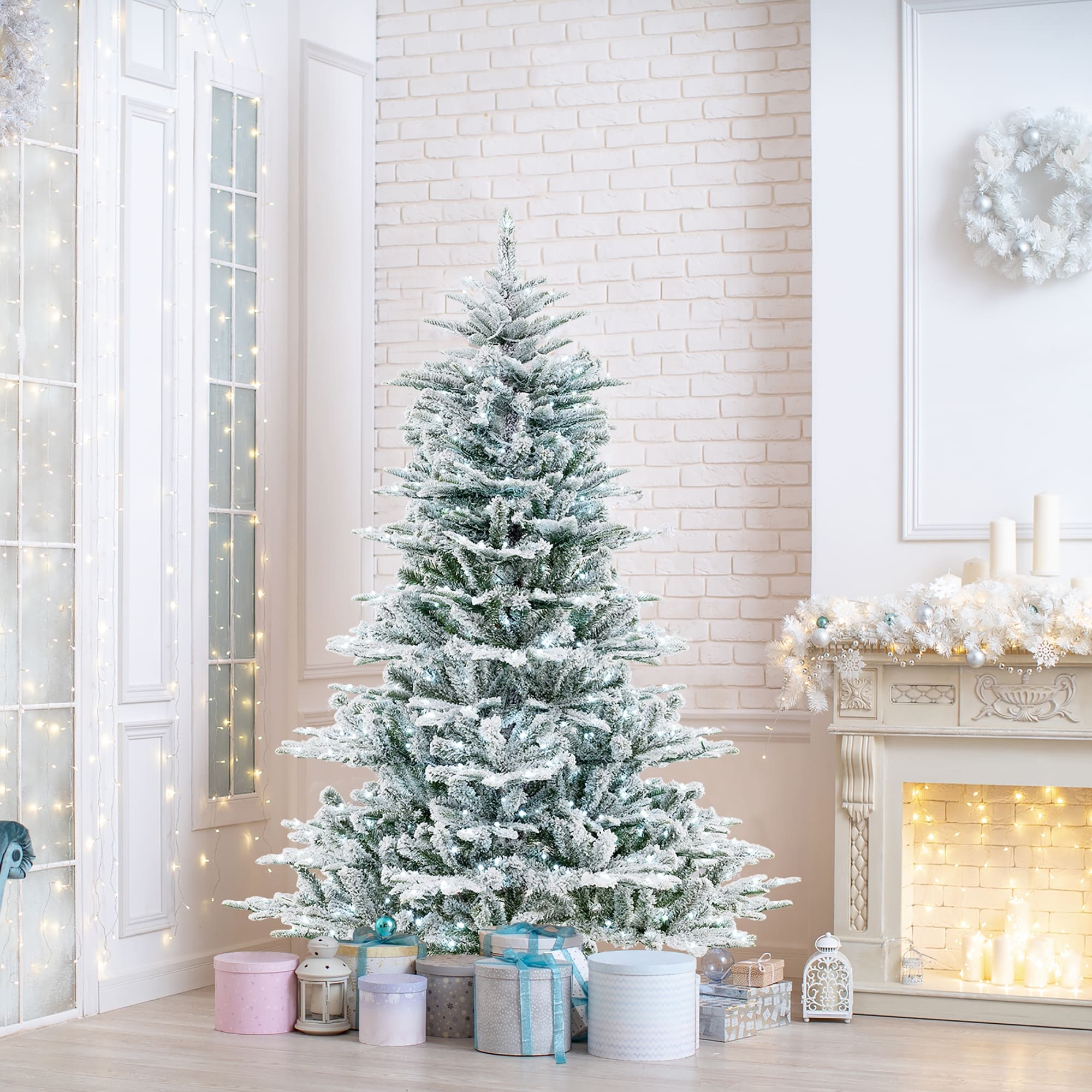 Gymax 6/7/8 FT Snow Flocked Christmas Tree w/ 661/1119/1447 PVC & PE
