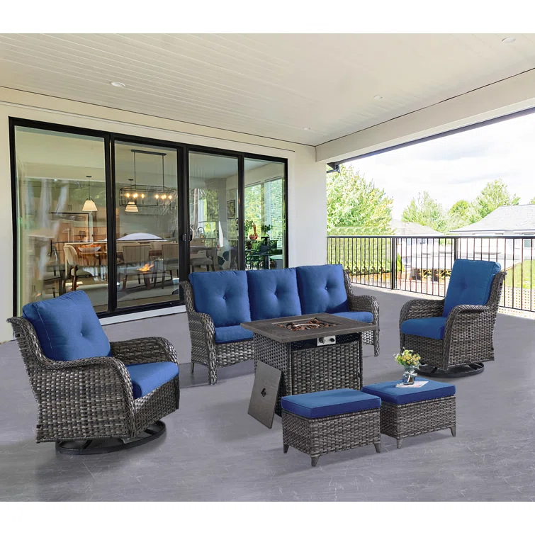 Schutt 5 - Person Wicker Rattan Outdoor Seating Group with Fire Pit and Cushions