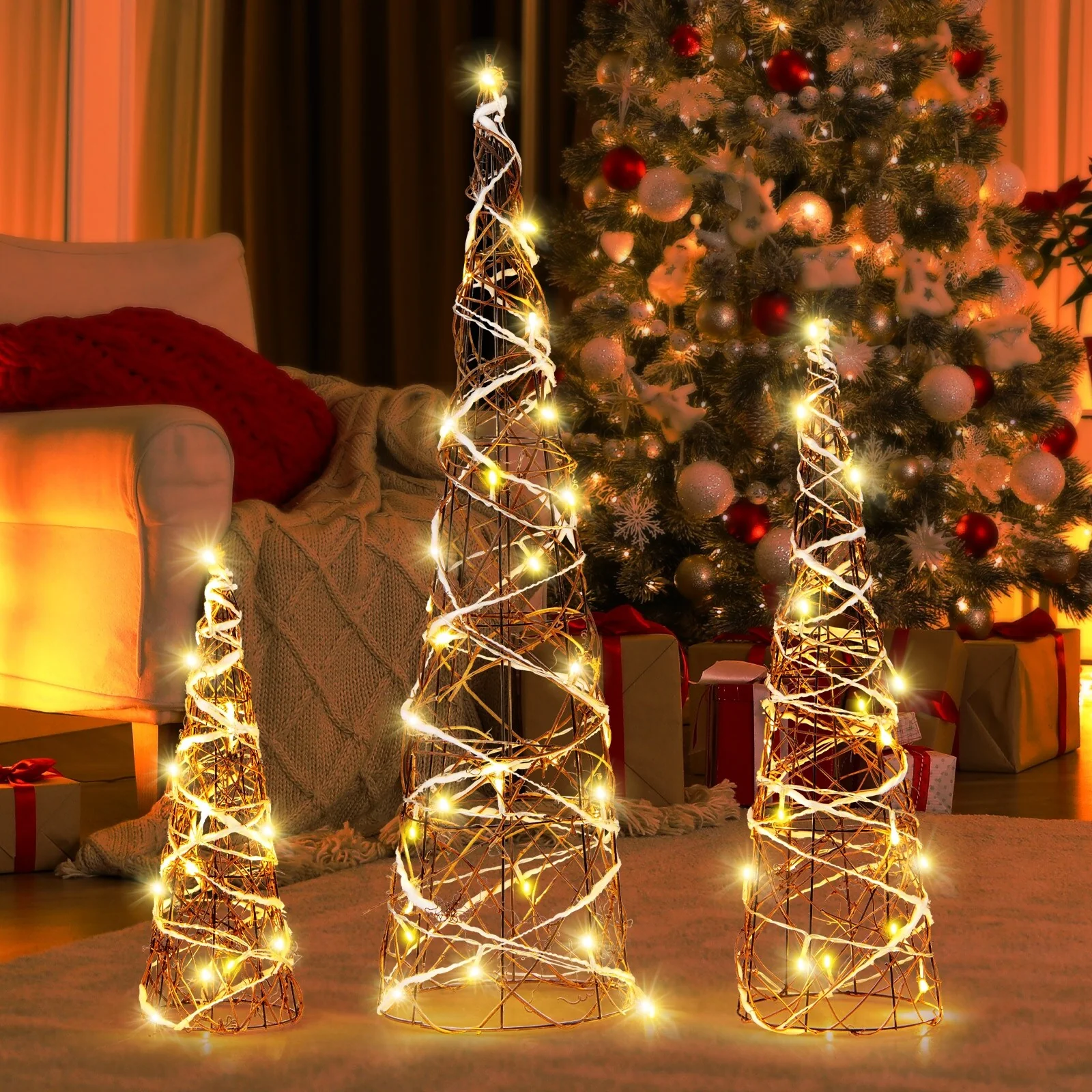 Set of 3 Pre-Lit Rattan Christmas Cone Trees with 60 LED Lights Rustic Tabletop Holiday Décor - Brown - 8