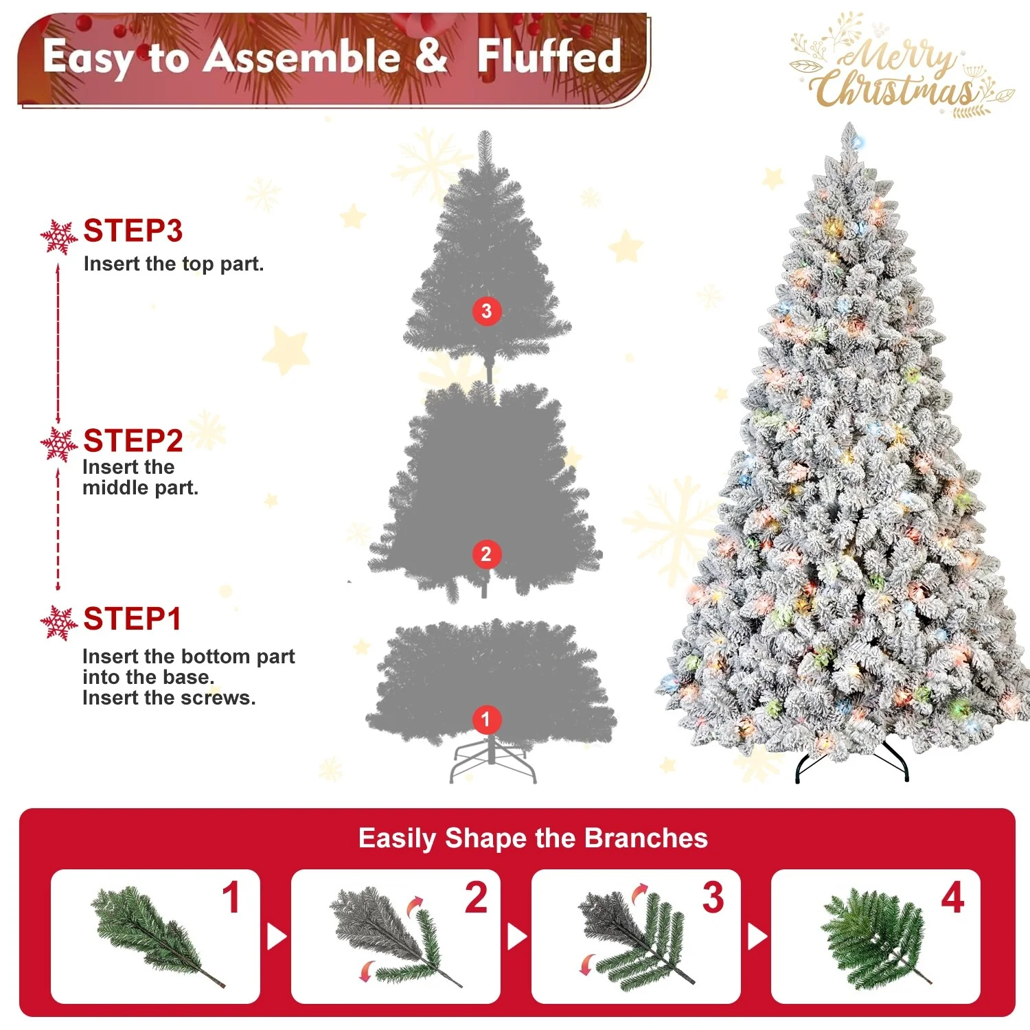 5FT Flocked Christmas Tree with 300 Colorful UL Lights and 27 Natural Pine Cones-600 Snowy PVC Tips, Hinged Branches