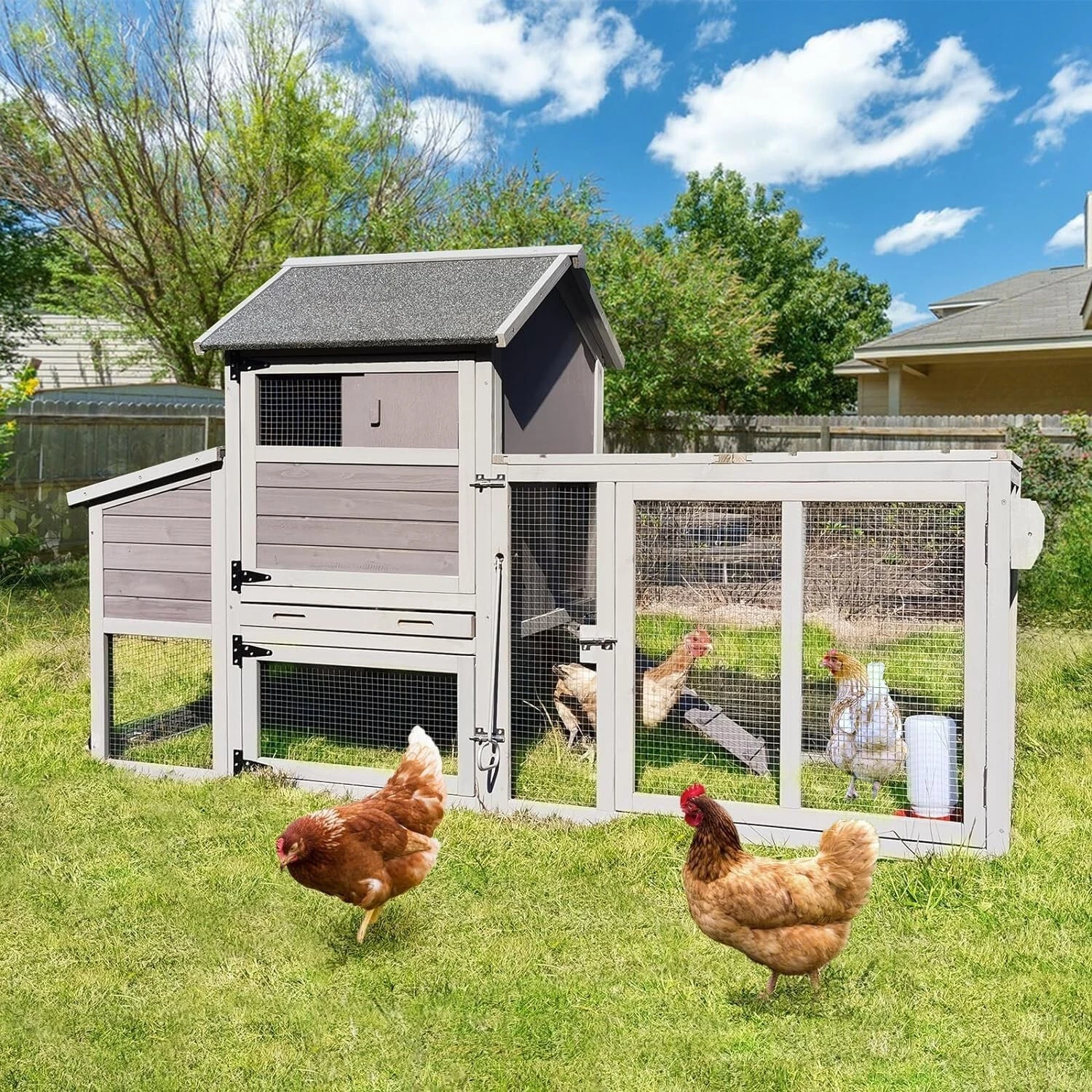 Chicken Coop for 2-4 Chickens,Outdoor Chicken House with Wheels, Nesting Box, Leakproof Pull-on Tray and UV-Resistant Roof Panel, Wooden Mobile Chicken Coop for Duck (Grey, 76 L x 29 W x 47 H)