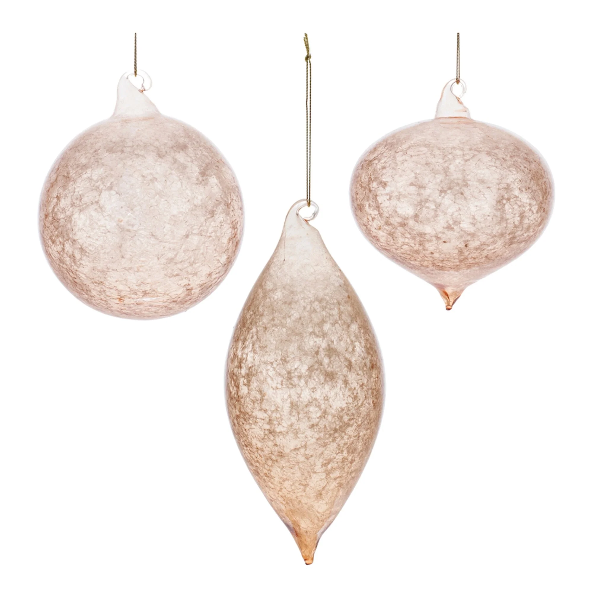 Set of 6 Glass Christmas Ornaments with Gold and Blush Swirl Design - 3 x 3 x 7.25