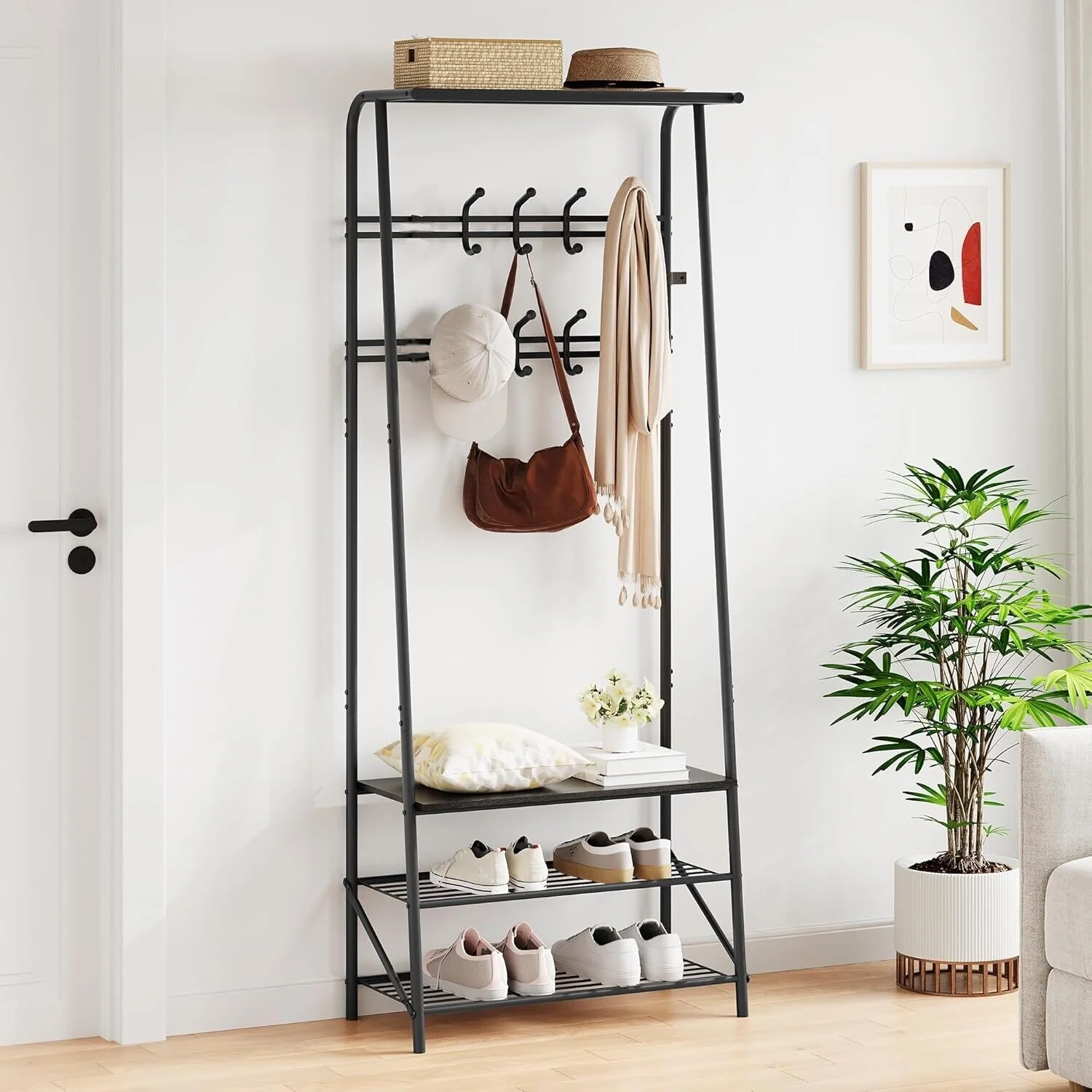 Hall Tree With Shoe Storage Bench, 4-In-1, Steel Frame With 10 Hooks for Entryway, Freestanding Coat Rack Stand for Home - N/A