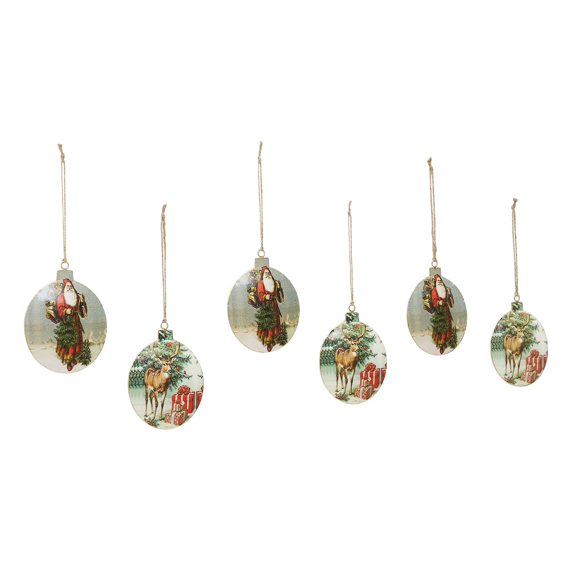 Vintage Santa and Reindeer Metal Ornaments Set of 6 - 4.75 inch