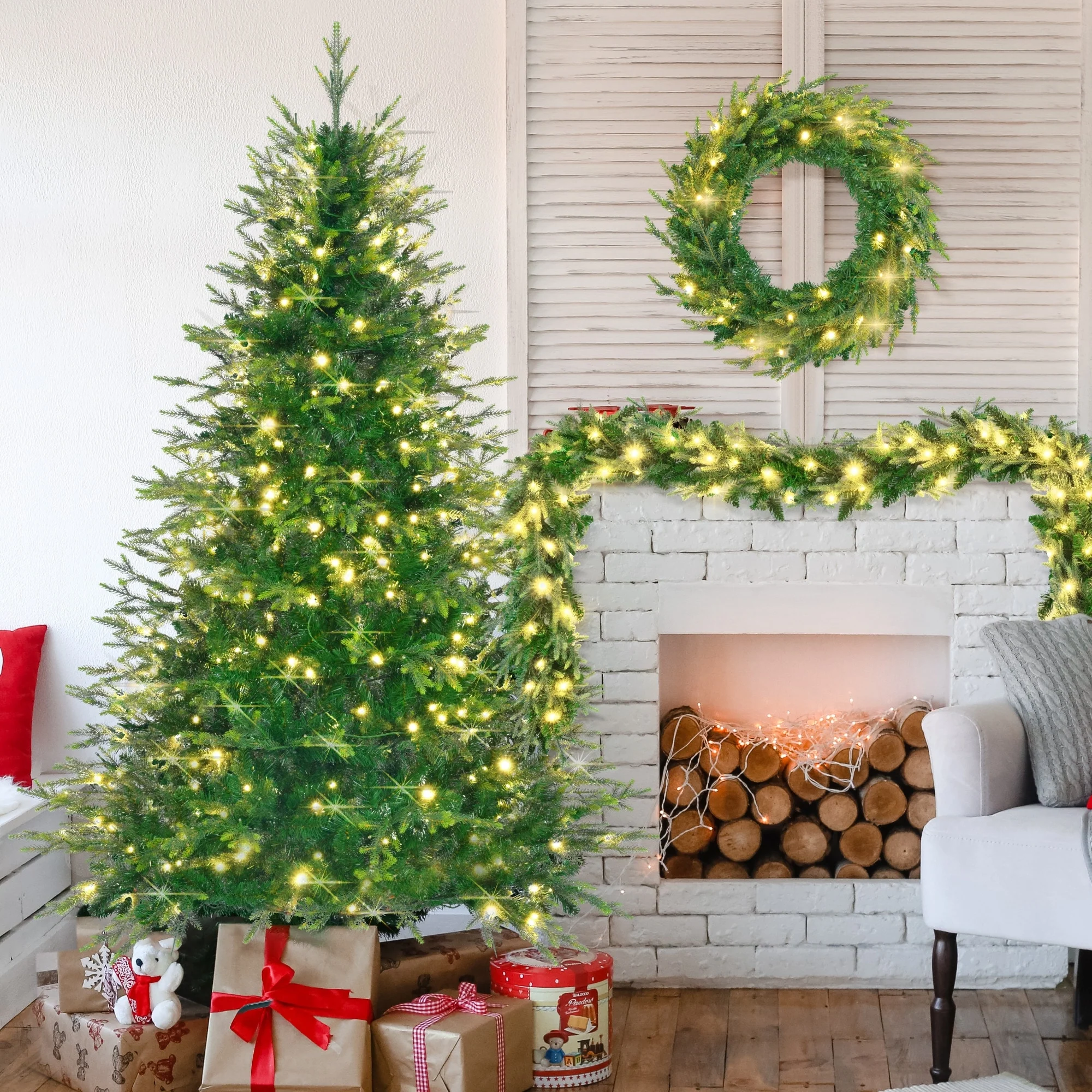 Artificial 6FT Aspen Fir Christmas Tree Set with Pre-Lit Garland & Wreath, 380 LED Lights, 11 Flashing Modes, Indoor Decor