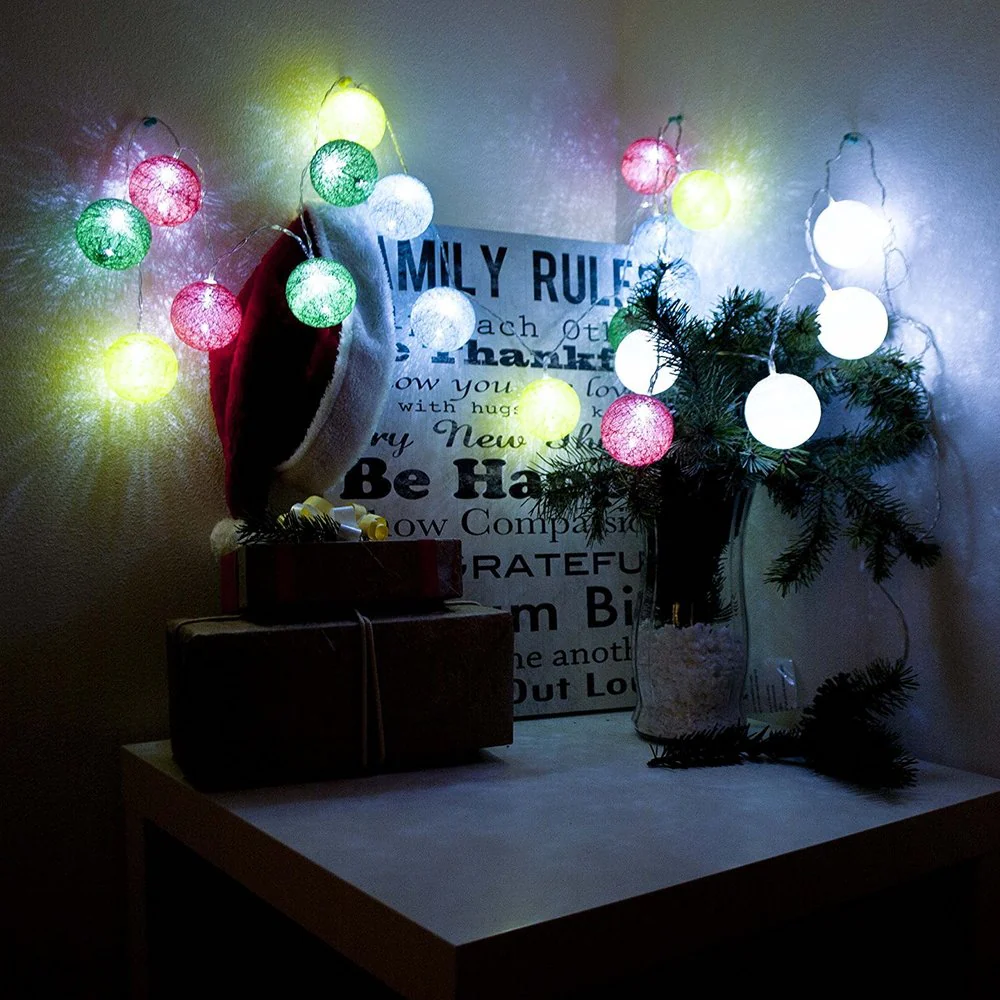 ALEKO Battery 20 LED Cotton Balls Christmas Light 7 ft Lot of 2