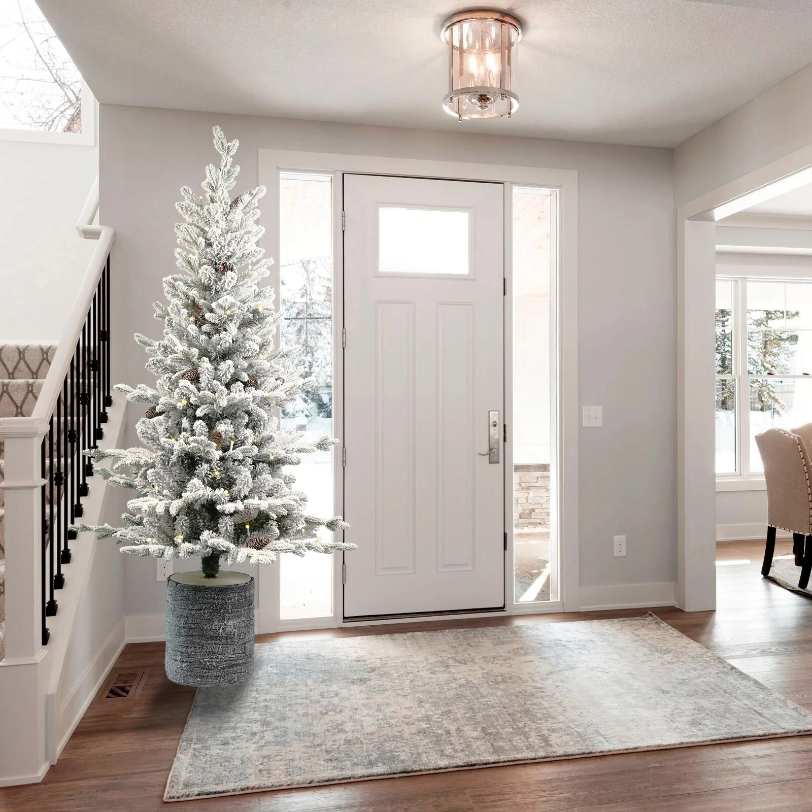 Flocked Christmas Tree with Pot Base,150 Warm White LED Lights,PE+PVC Branches with Pine Cones-Small Prelit Holiday Tree