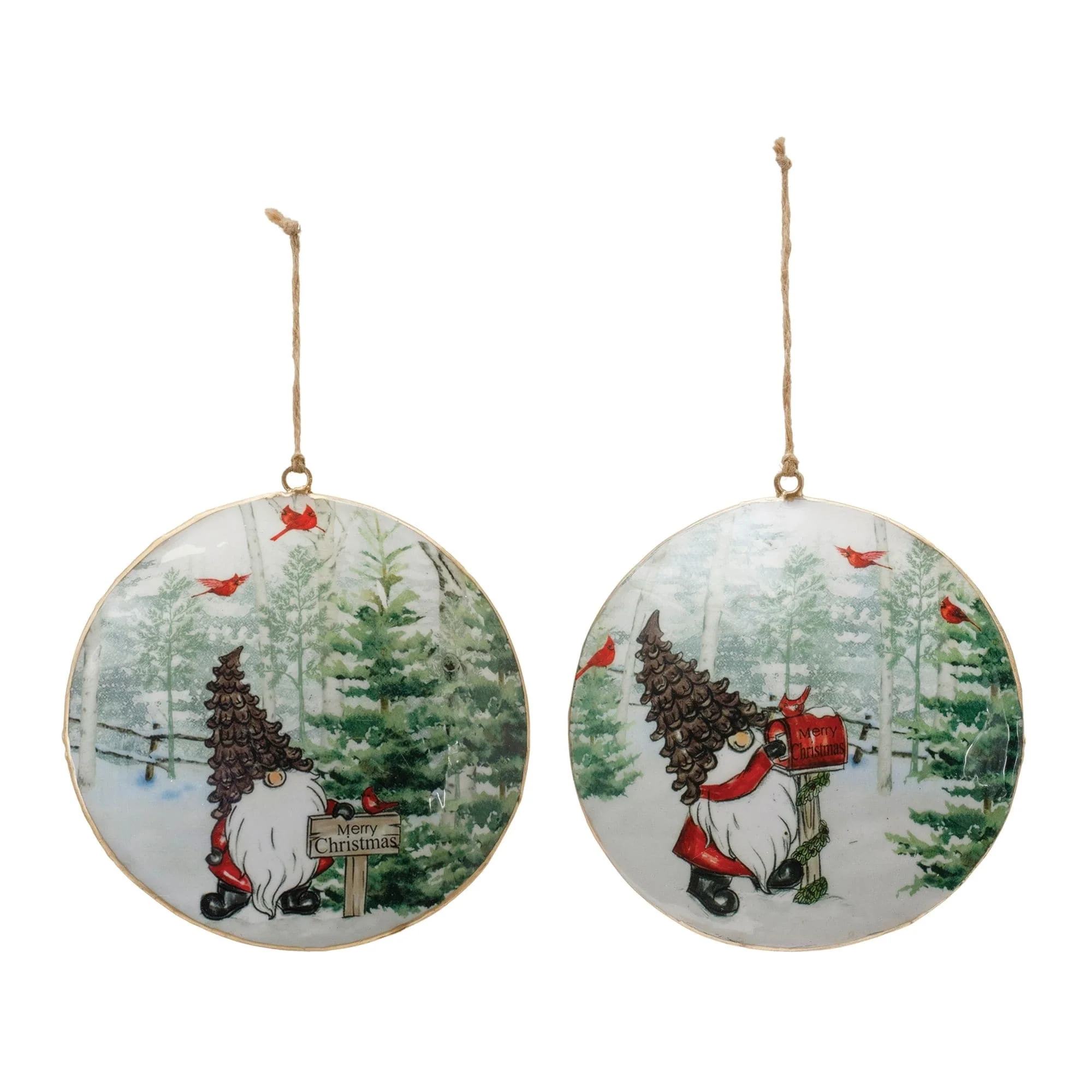 Gnome and Cardinal Forest Disc Christmas Ornaments - 6