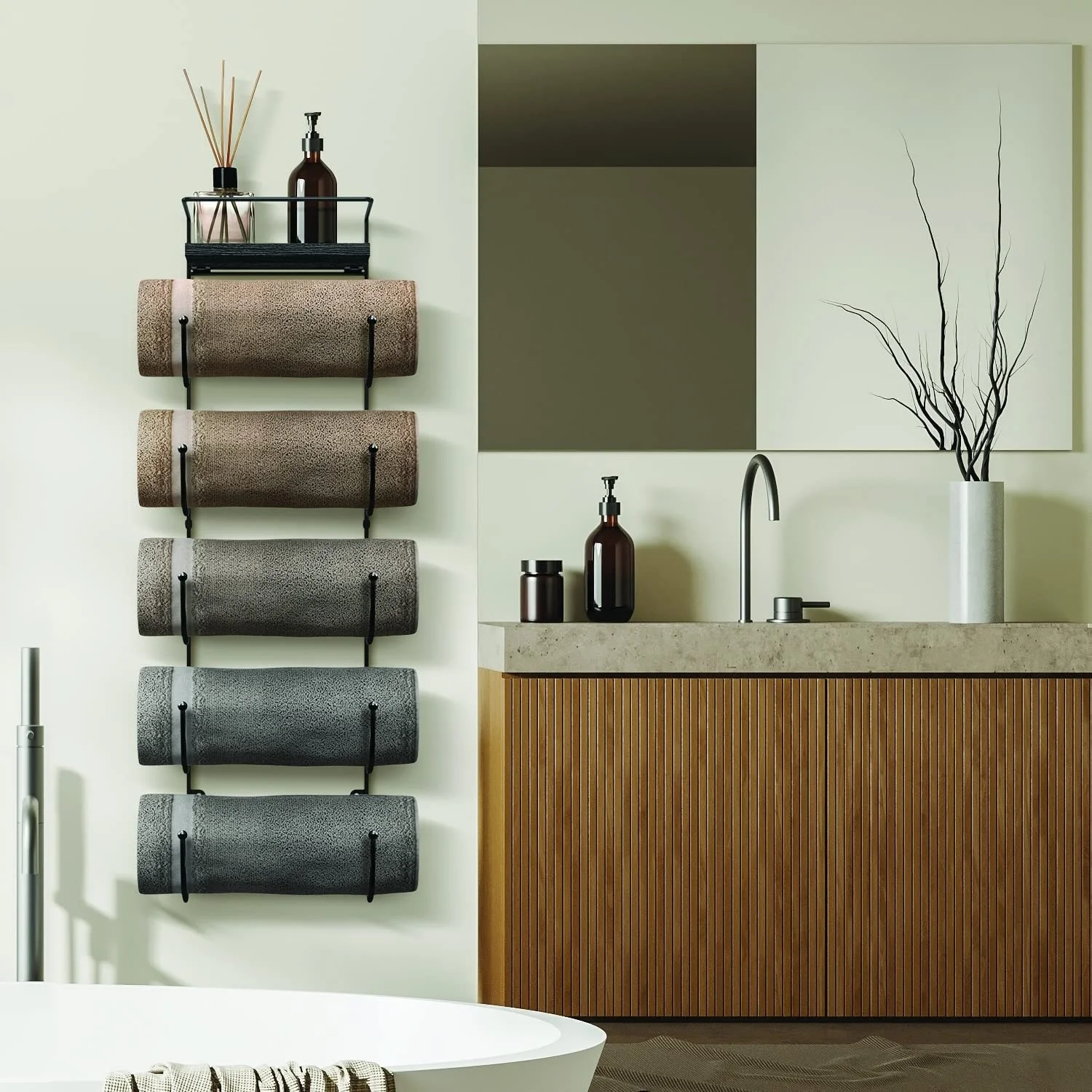 Five Level Bathroom Towel Rack Holder and Organizer - Black