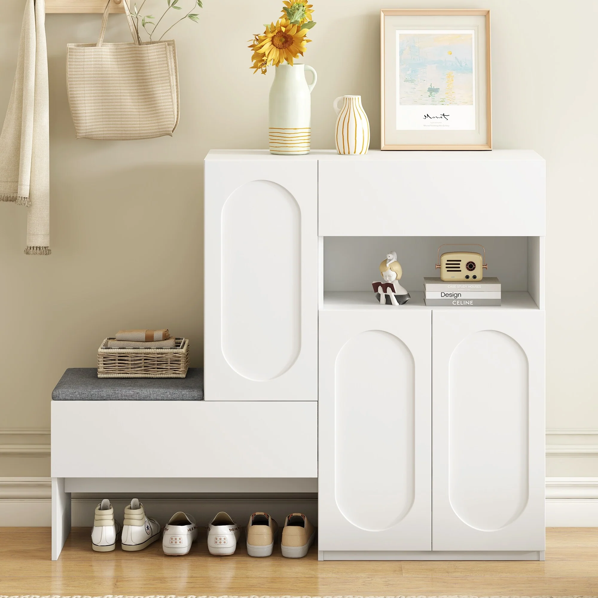 2-in-1 Shoe Cabinet with Bench, Entryway Storage Cabinet, Space-Saving Shoe Rack Organizer with Adjustable Shelves