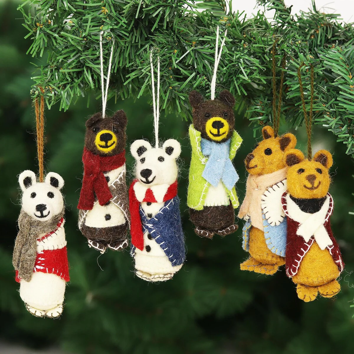 Novica Handmade Cozy Bear Pairs Wool Holiday Ornaments (Set Of 6)