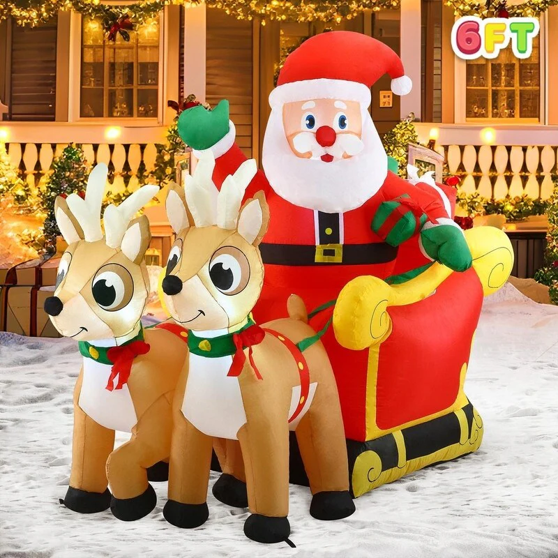 Joyfy 6ft Long Inflatable Santa on Sleigh with 2 Reindeer, LED-lit for Outdoor Christmas Décor