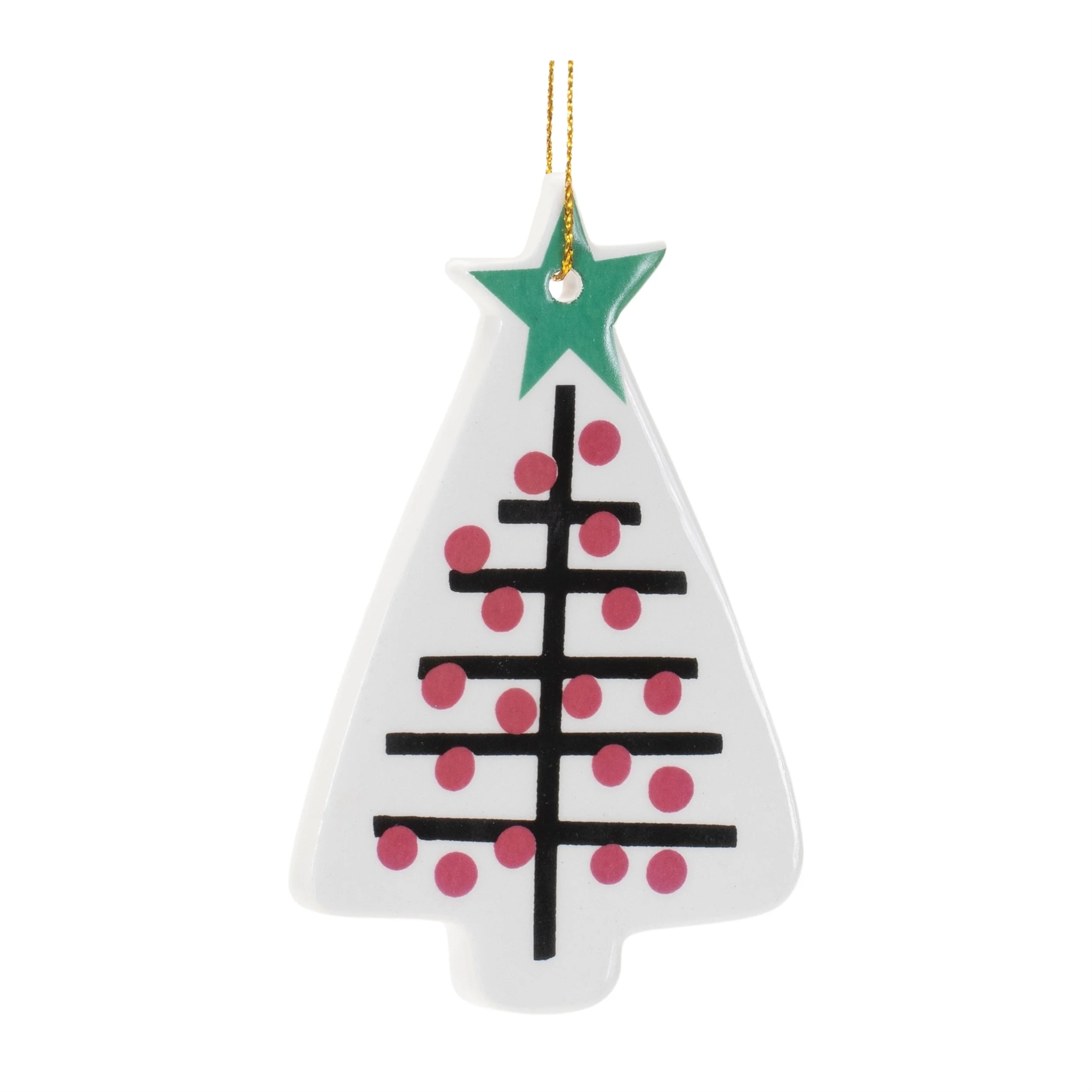 Set of 12 Red Green Orange Ceramic Christmas Tree Ornaments with Star Accents for Holiday Decor - 2.5”L x 0.5”W x 4”H