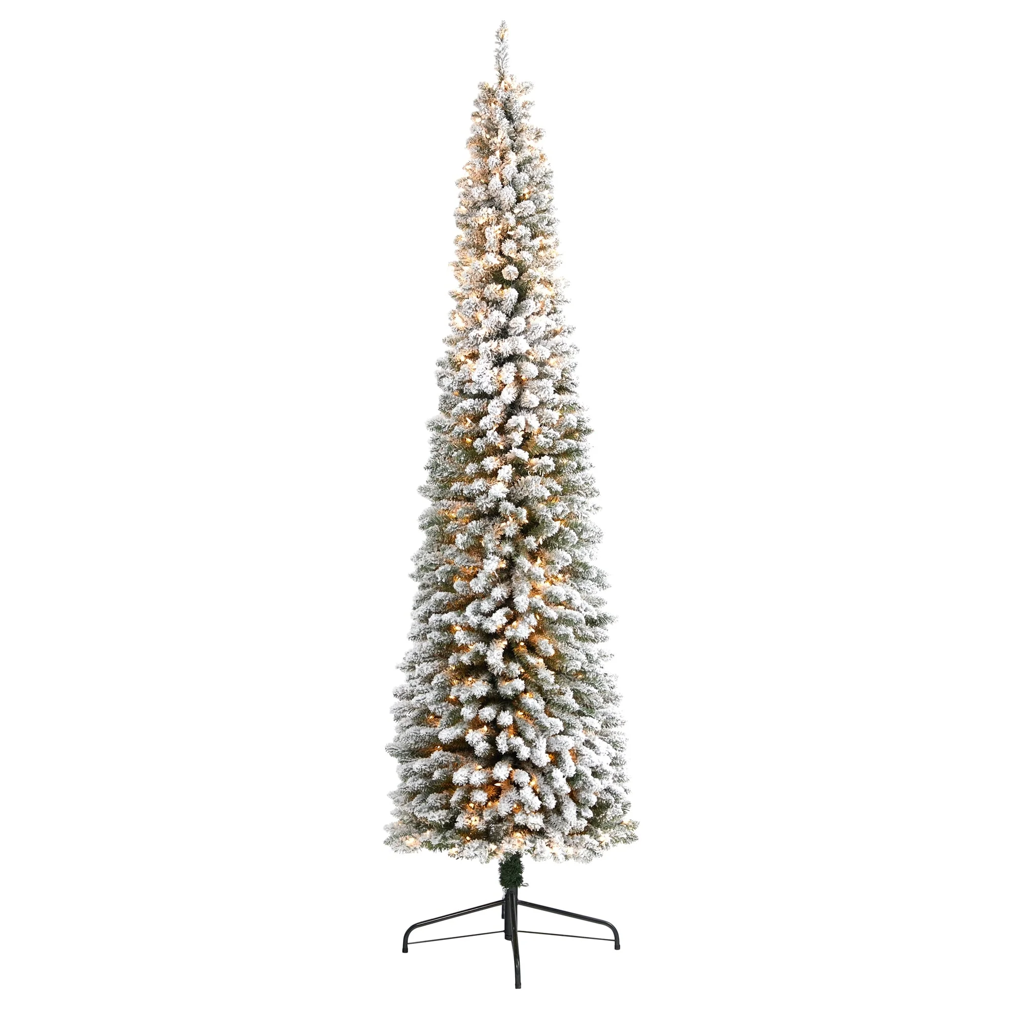 9’ Pre-Lit Pencil Flocked Artificial Christmas Tree, Clear LED Lights - 9 Foot