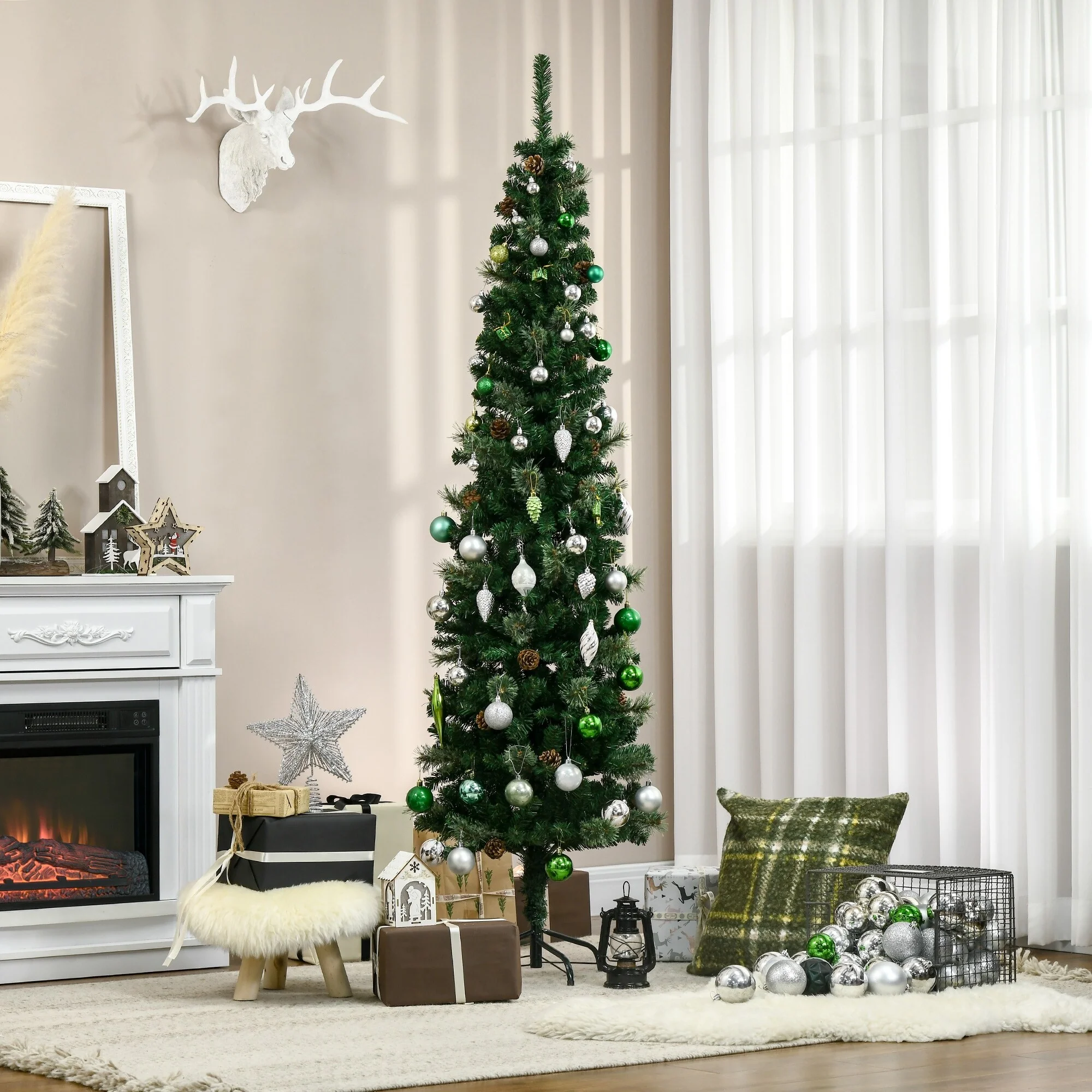 HOMCOM 6.5 ft. Pine Cone Decorated Slim Christmas Tree with Stand