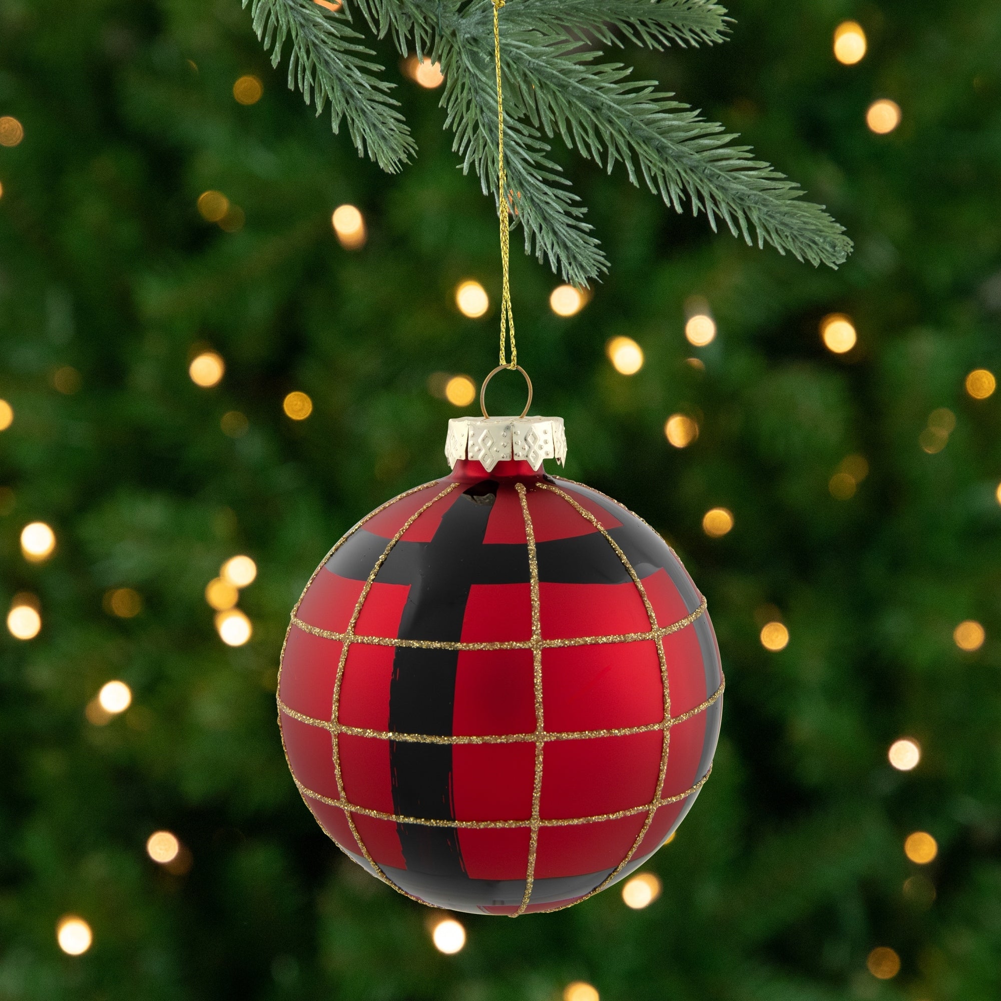 4ct Red, Black and Gold Plaid Glass Ball Christmas Ornaments 3.25