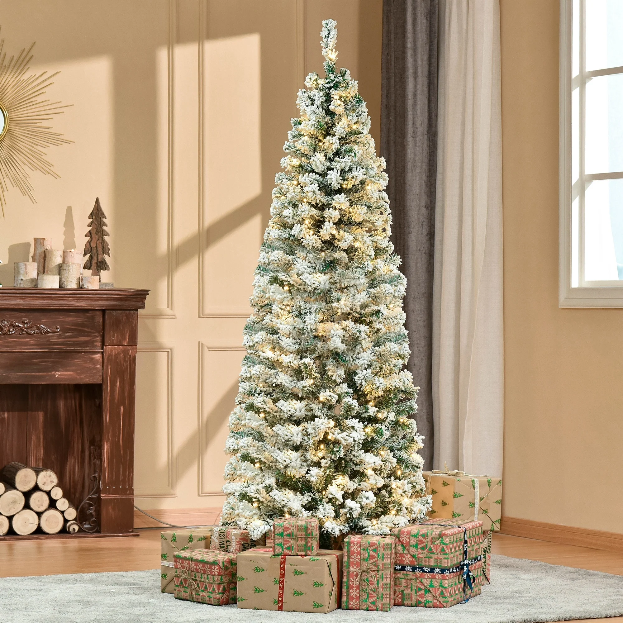 HOMCOM 6FT/7FT/9FT Slim Flocked Christmas Tree with Lights, Skinny Christmas Tree with Stand