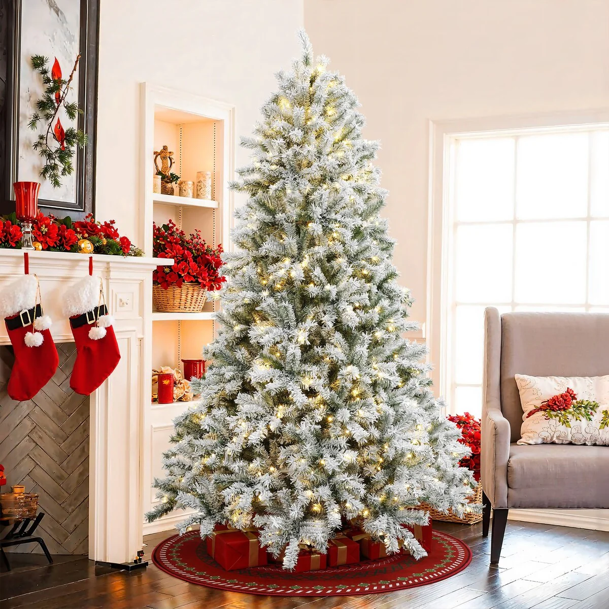 7.5Ft Pre-Lit Hinged Snow Flocked Full Fir Artificial Christmas Tree with 8 Lighting Modes - 90
