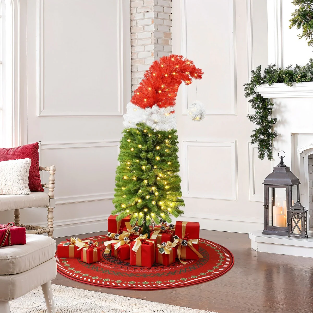 5Ft Pre-Lit Artificial Tree with Santa Hat Treetop with 8 Lighting Modes - 60