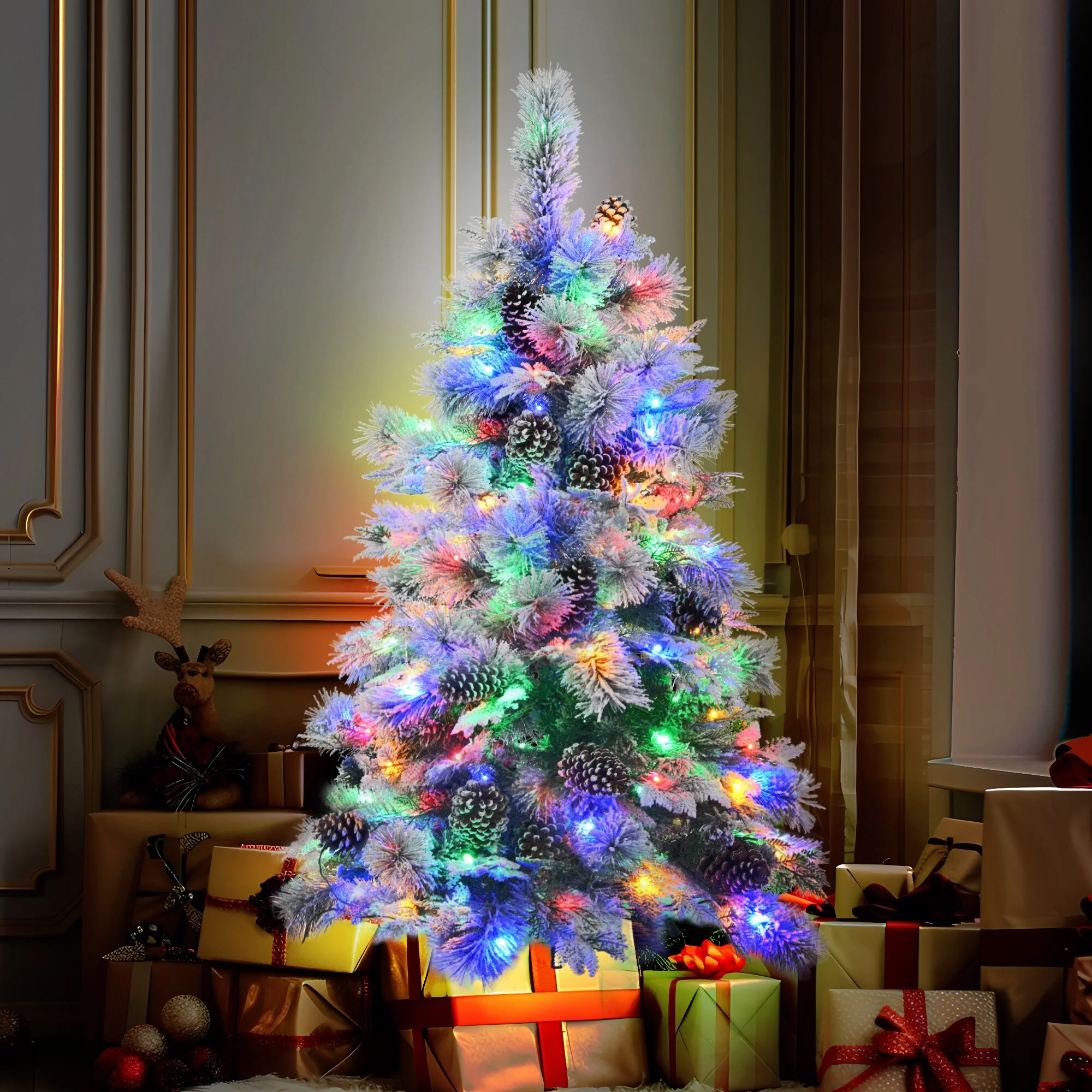 4FT Pre-Lit Spruce Christmas Tree with Pine Cones, 120 Lights, and Mixed PE & PVC Branches