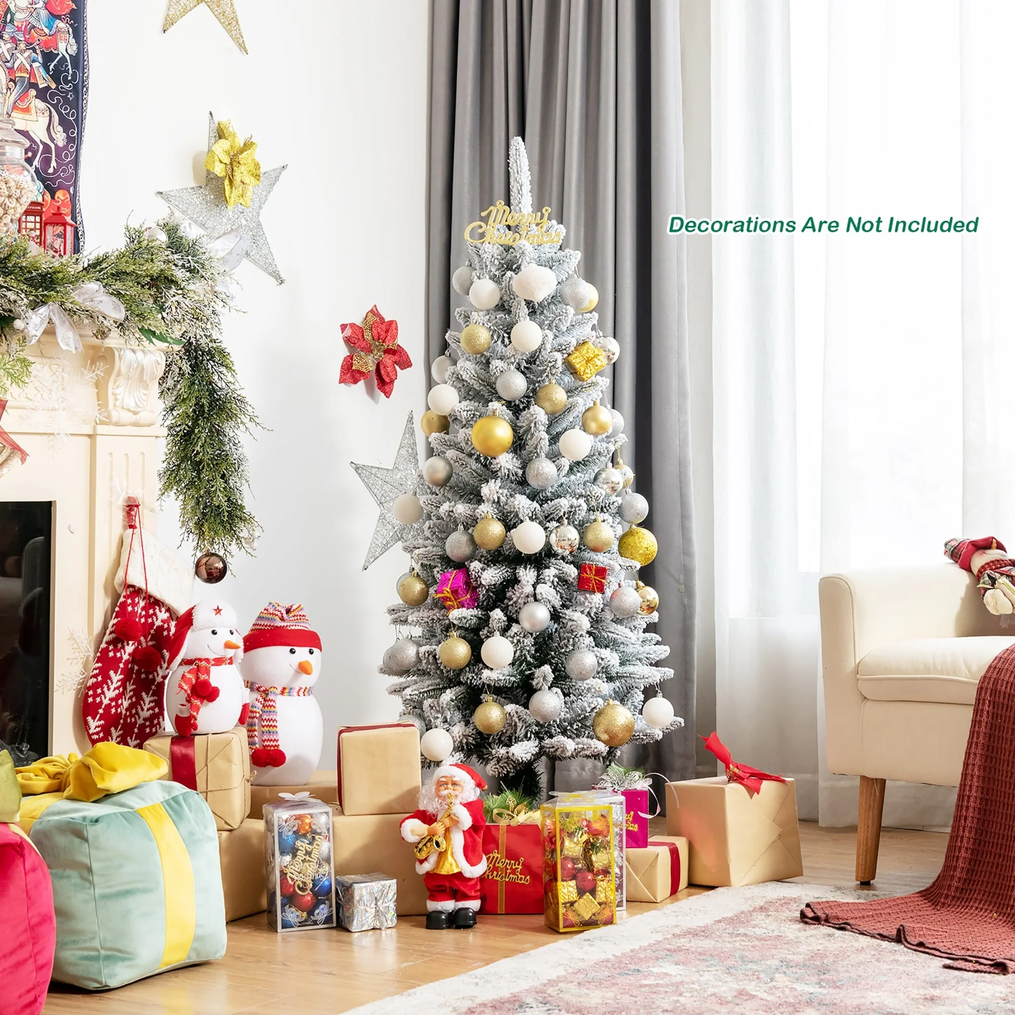 4.5ft Snow-Flocked Hinged Artificial Christmas Pencil Tree w/ 373 - See details