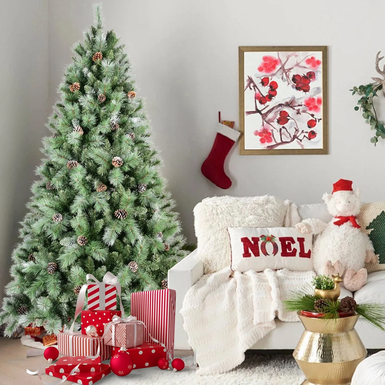 5FT Christmas Tree with 51 Pine Cones-694 Tips,Mixed PVC & Hard Needle Branches, Hinged Structure for Easy Setup