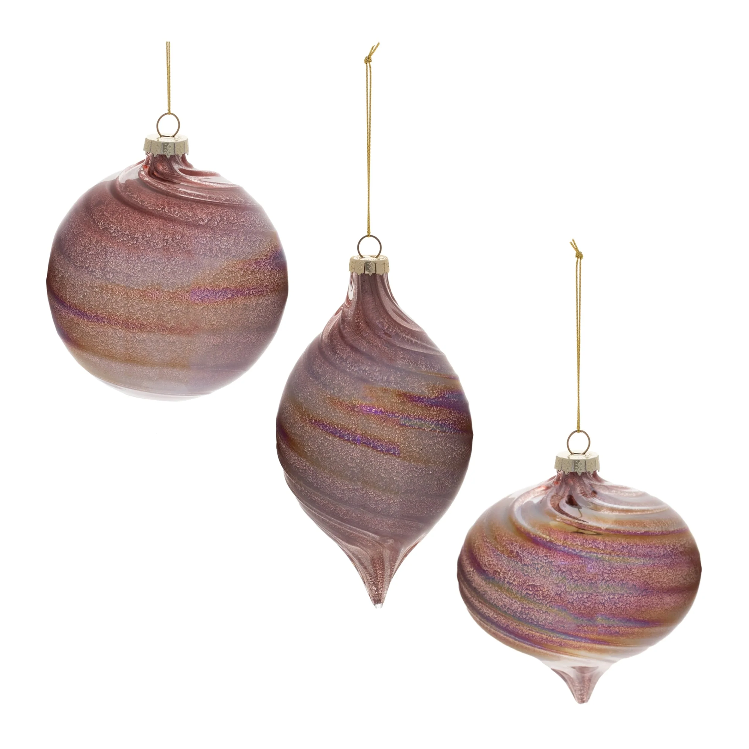 Purple Glass Iridescent Swirl Ornaments Set of 6 Ball and Onion Holiday Decor - 3” x 3” x 6” (L x W x H)