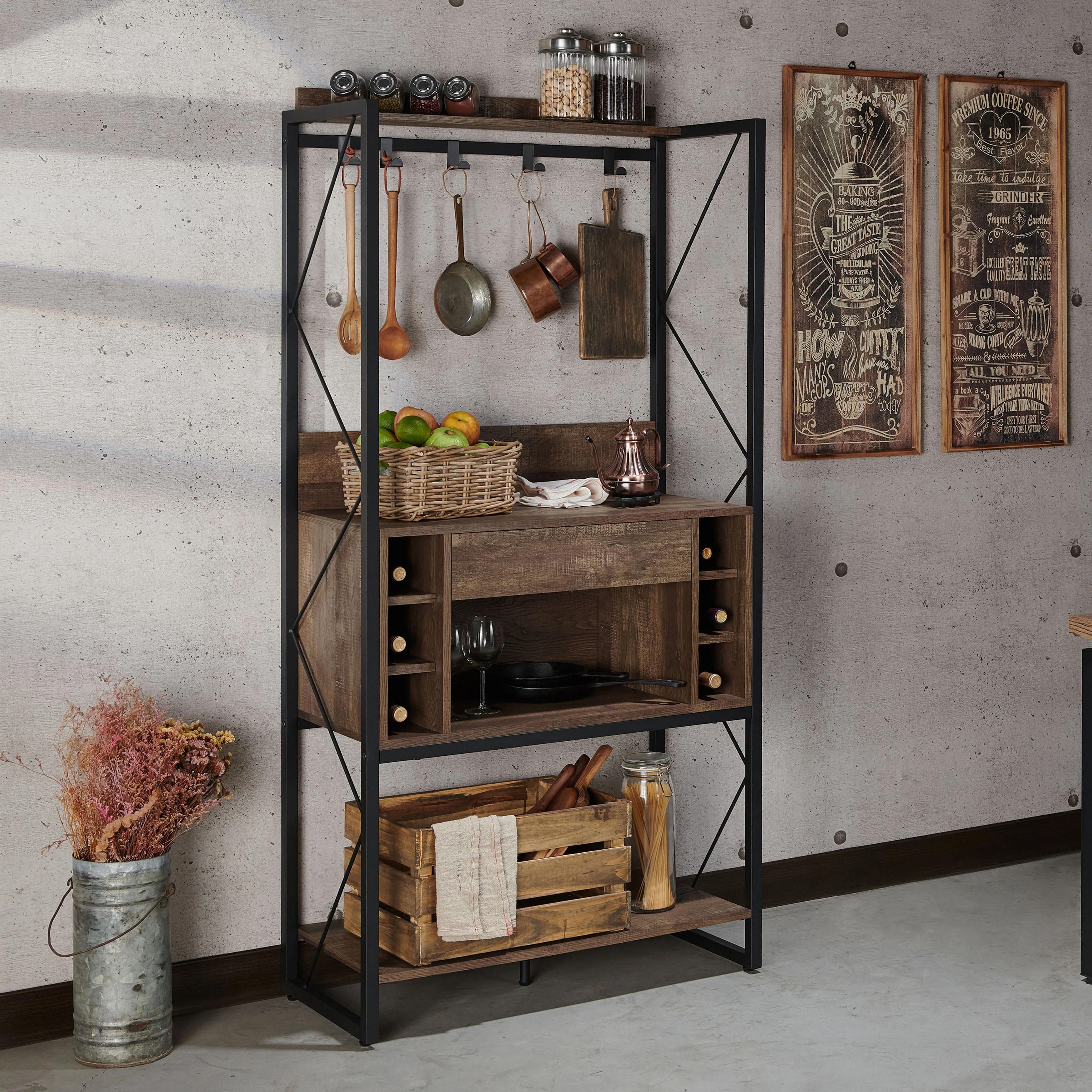 DH BASIC Industrial Reclaimed Oak 67-inch Metal 6-Wine Slots Baker's Rack by Denhour