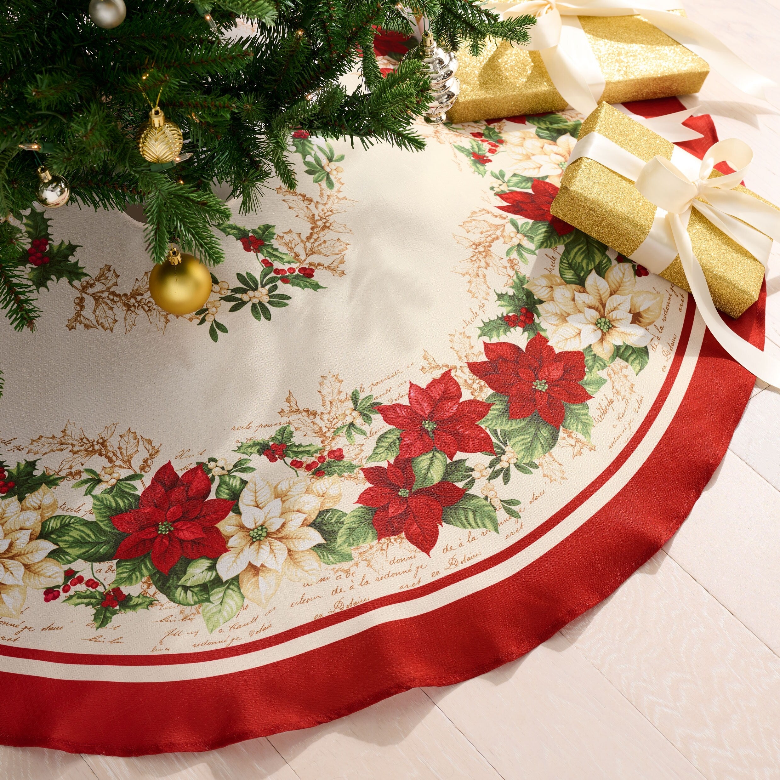 Red and White Poinsettias Christmas Tree Skirt - 48