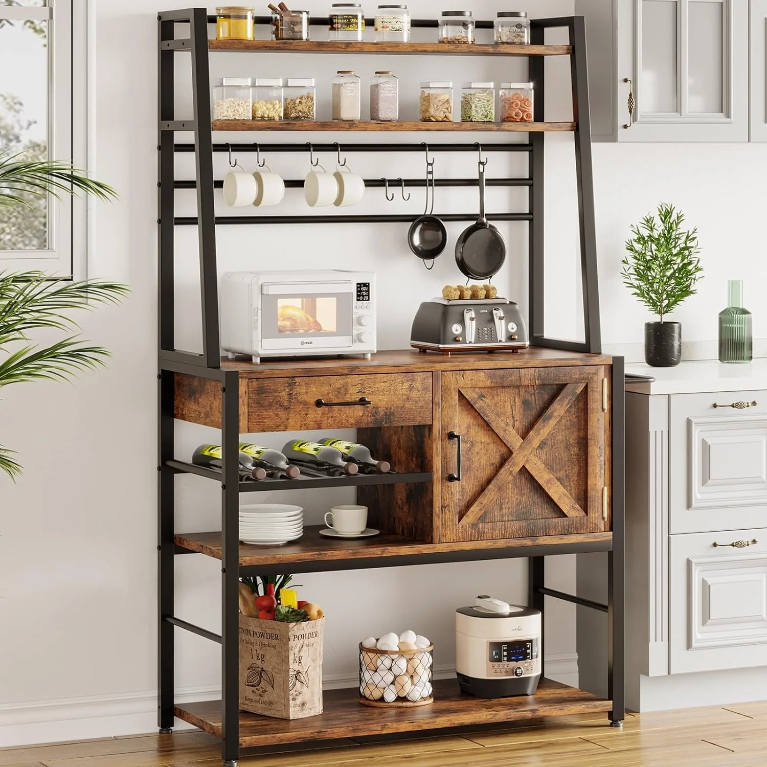 Baker's Rack Coffee Bar Cabinet Farmhouse Microwave Stand