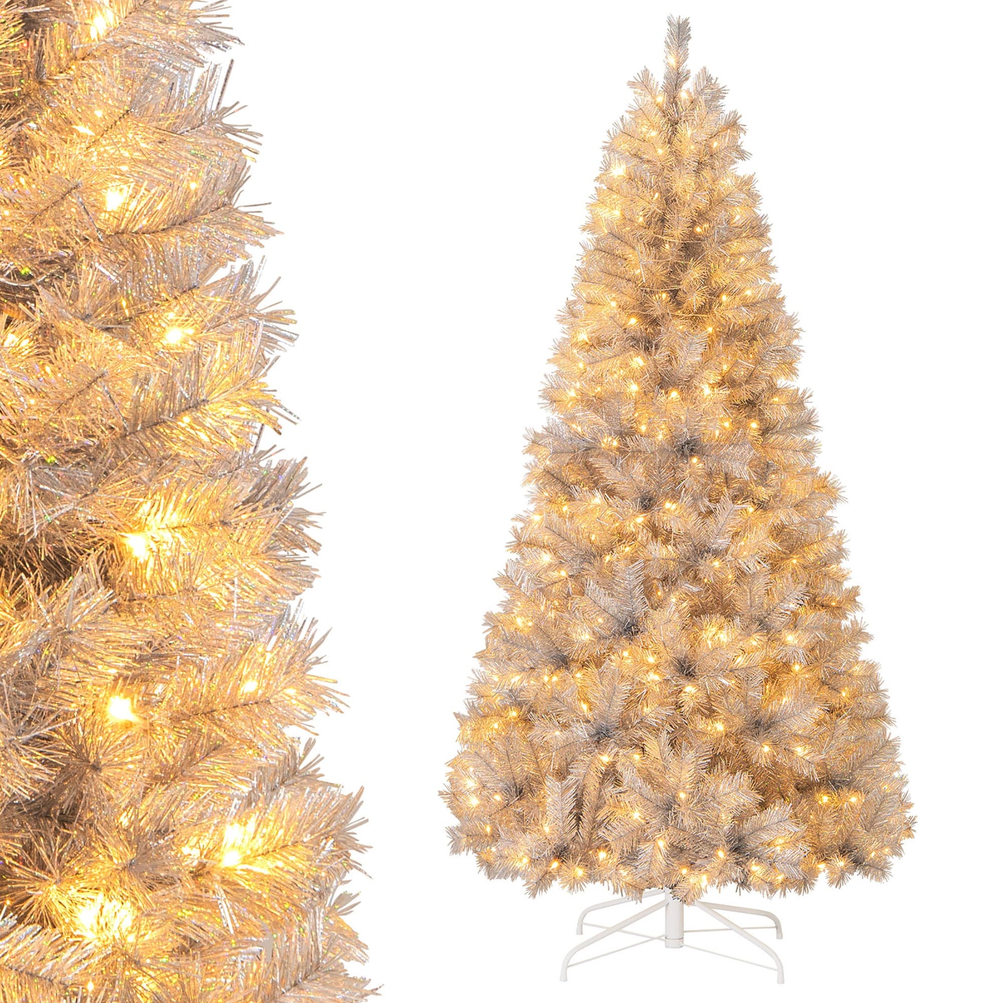 Gymax 5/6/7 FT Pre-Lit Artificial Christmas Tree Silver Tinsel Hinged - See Details