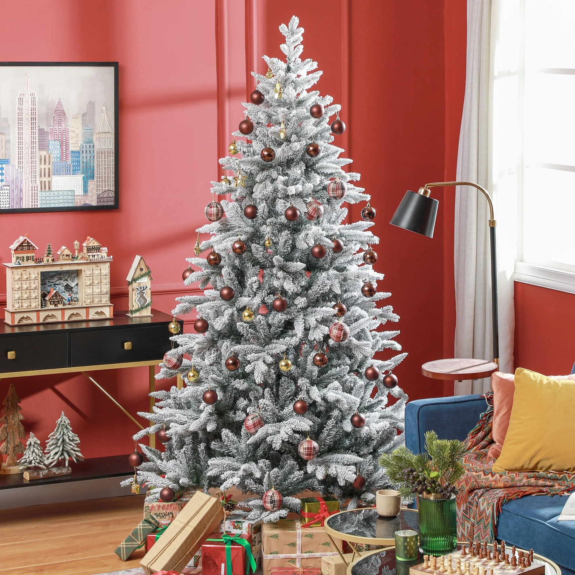 7ft Flocked Christmas Tree with Realistic Snowy Appearance, Quick Setup, and Stable Metal Base for Home Use