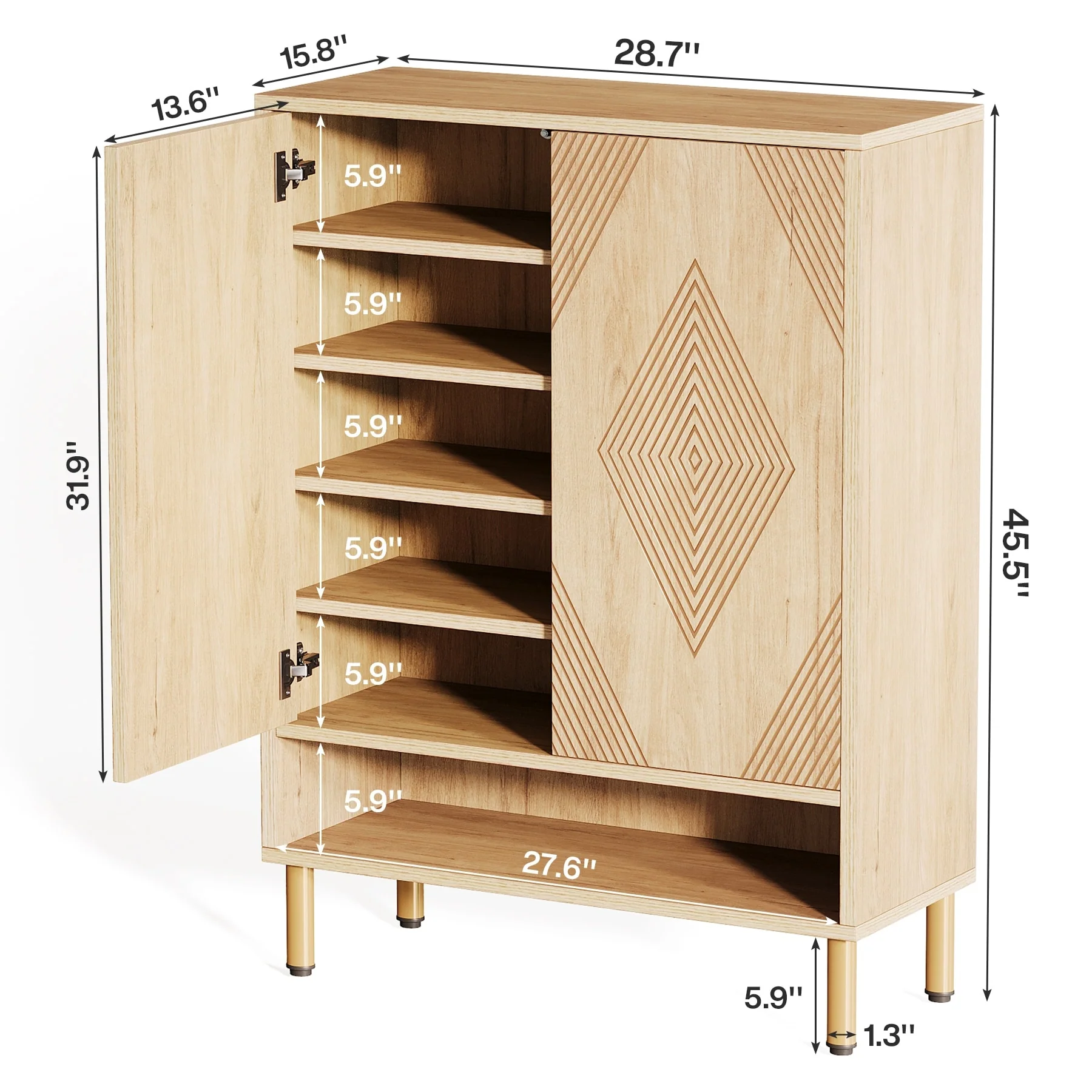 6-tier Shoe Cabinet with Doors, Wood Shoe Rack with Adjustable Shelves