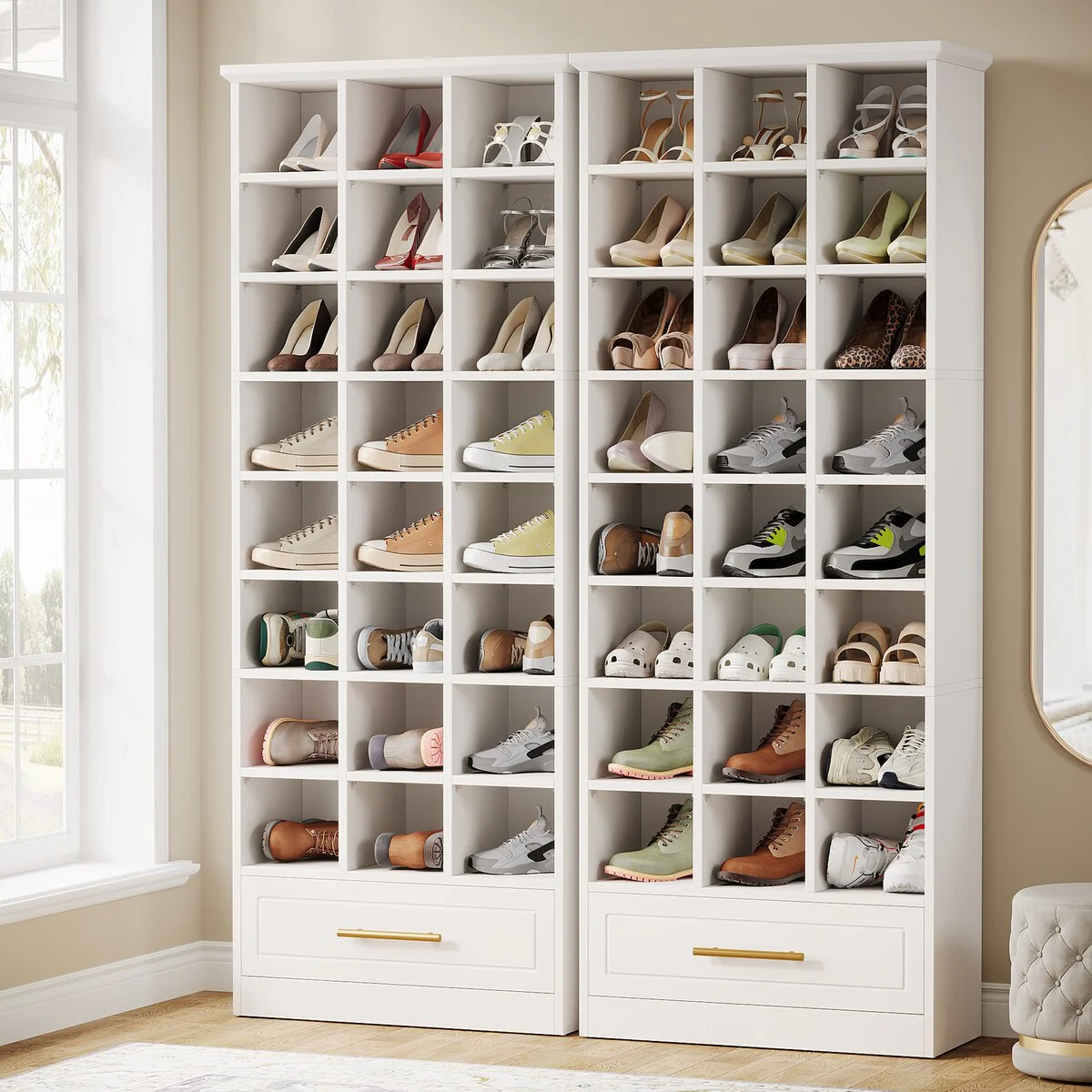 70.9-Inch Shoe Storage Cabinet, Tall Wooden Shoe Rack with 24 Cubbies and Drawer for Closet, Entryway, Living Room