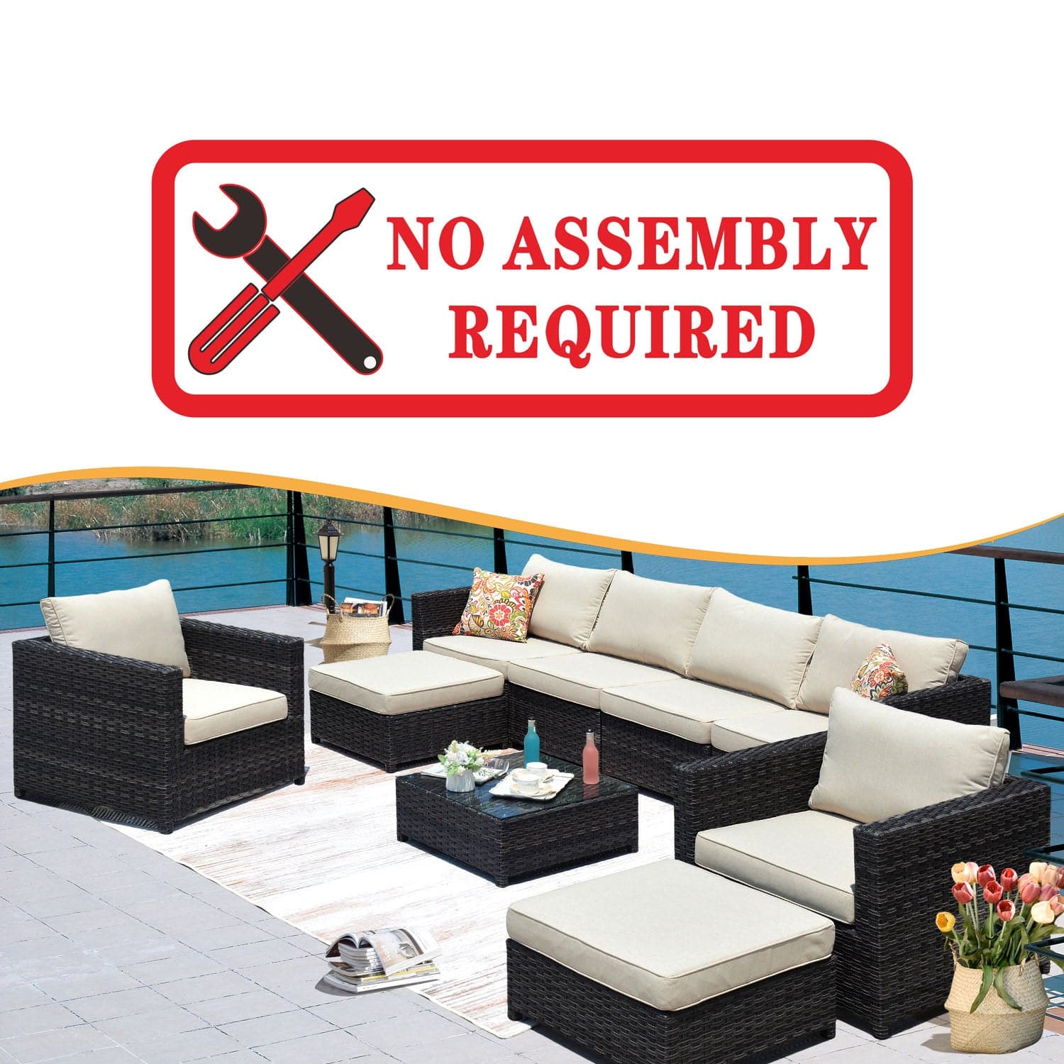 Ovios Outdoor Furniture Bigger Size 9-Piece, King Series, Sunbrella, Fully Assembled, with 2 Chairs