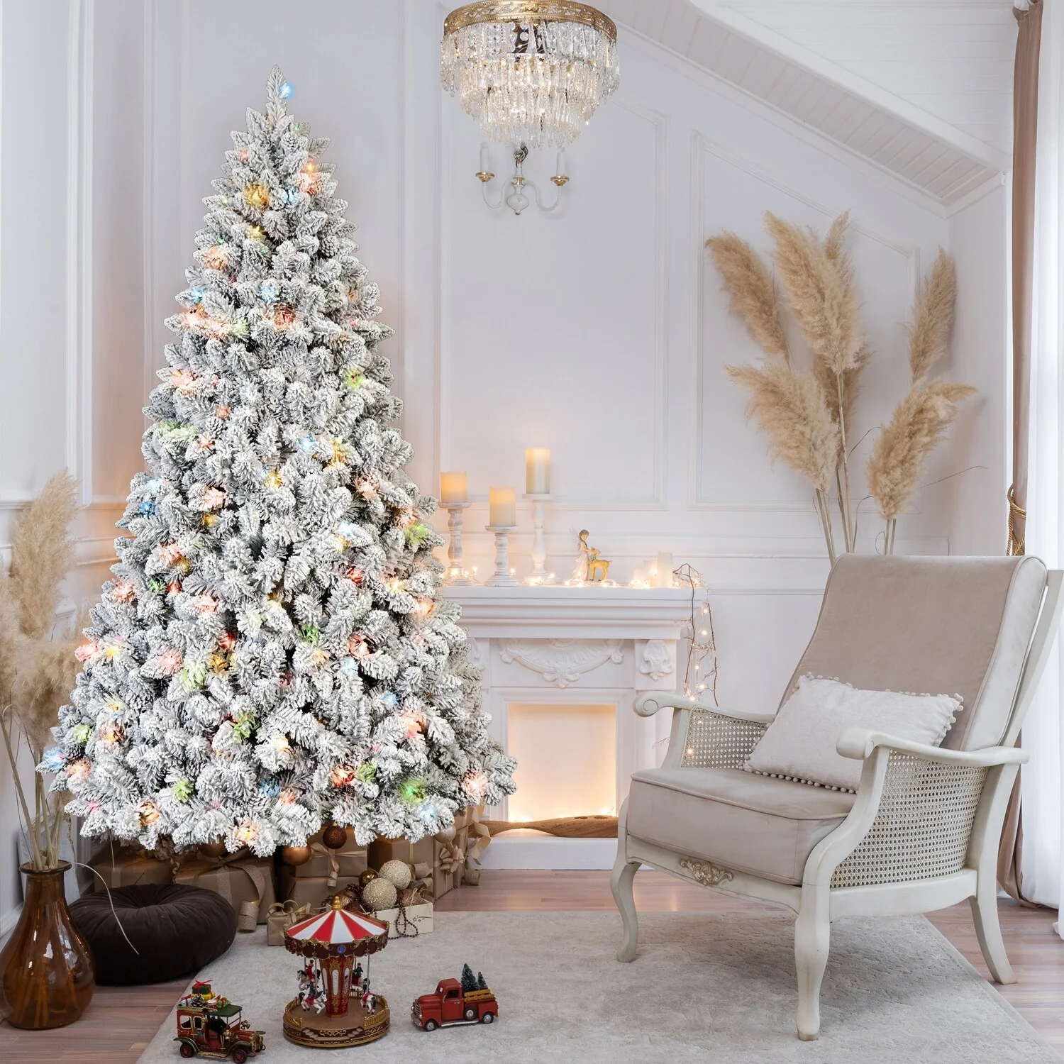 6FT Flocked Christmas Tree with 350 Colorful UL Lights and 36 Natural Pine Cones-888 Snowy PVC Tips, Hinged Branches