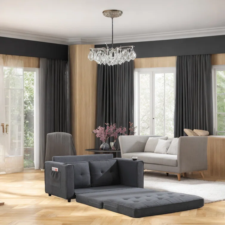 3-in-1 Convertible Sofa Bed Upholstered Tufted Futon Sofa Bed With Cup Holders,pull-out Sleeper