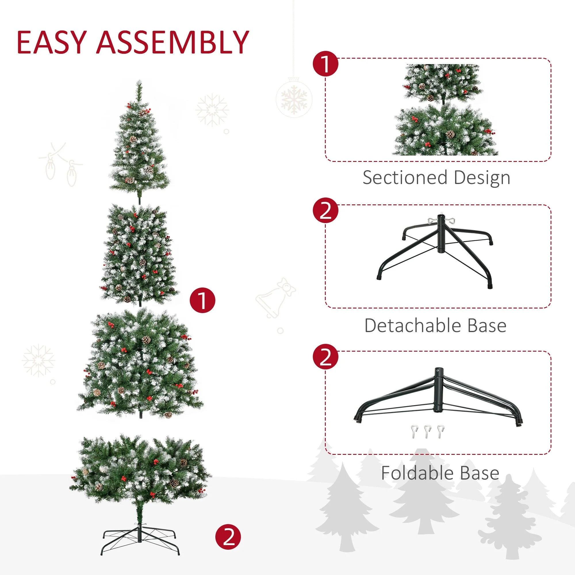 Pre-Lit Snow-Dipped Artificial Christmas Tree With Realistic Branches, Led Lights, Pine Cones, Red Berries And Tips