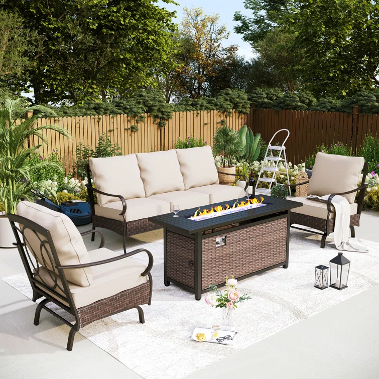 Tapasi 5-7 Person Front Porch Furniture Sets with Fire Pit Table & Rocking Lounge Chairs