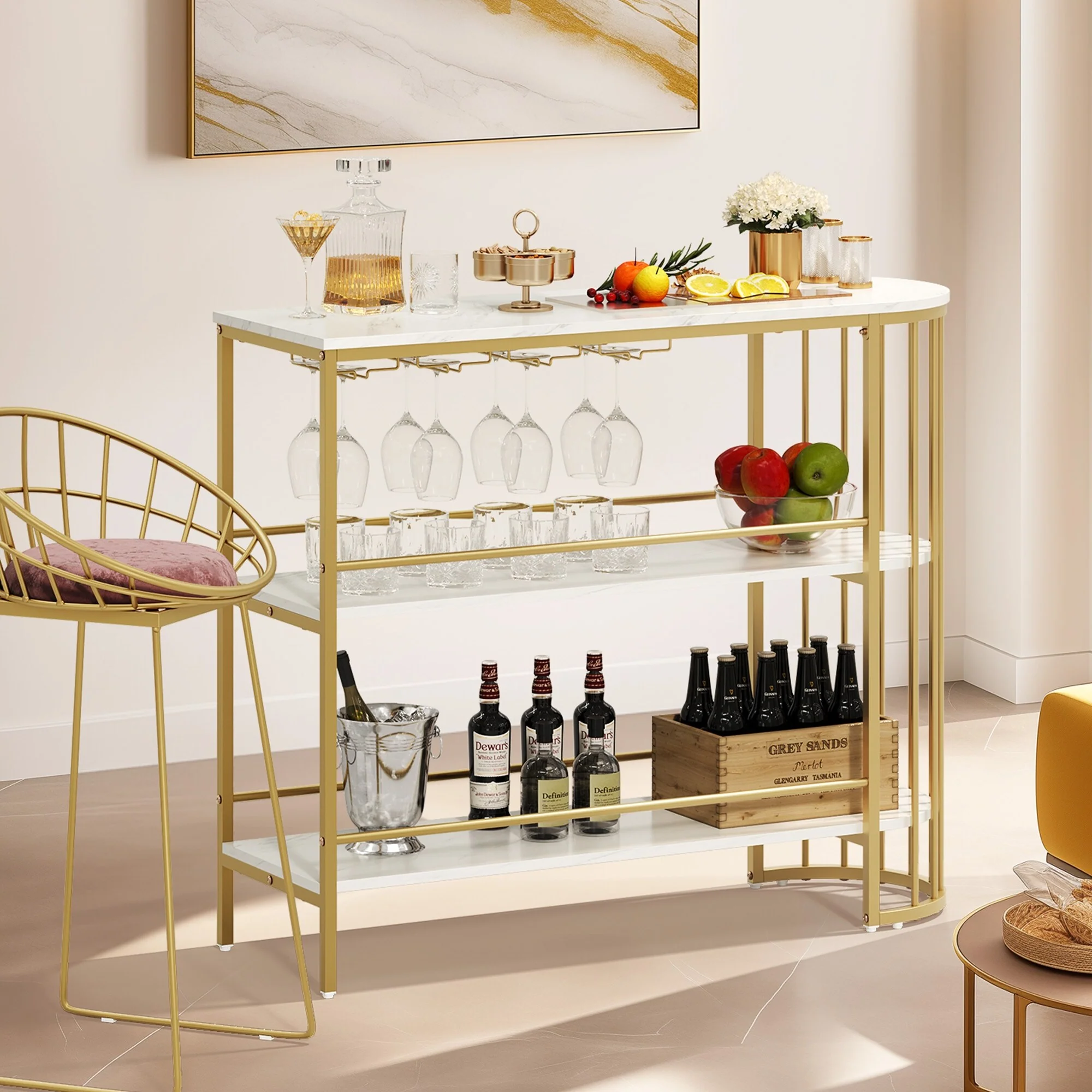 Moasis Home Bar Unit 3-Tier Liquor Bar Table with Glass Holder
