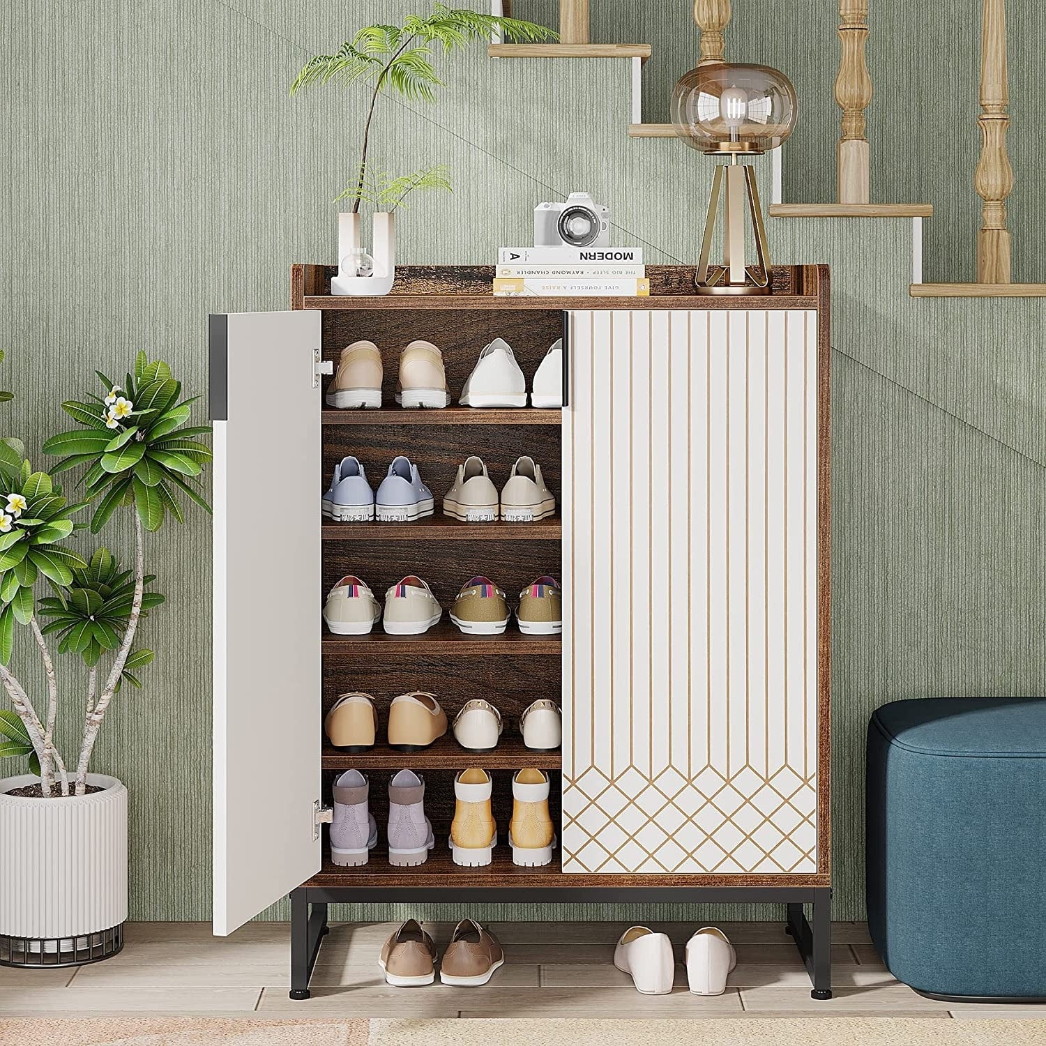 Sturdy 5-Tier Wood Shoe Cabinet with Doors for Entryway Hallway
