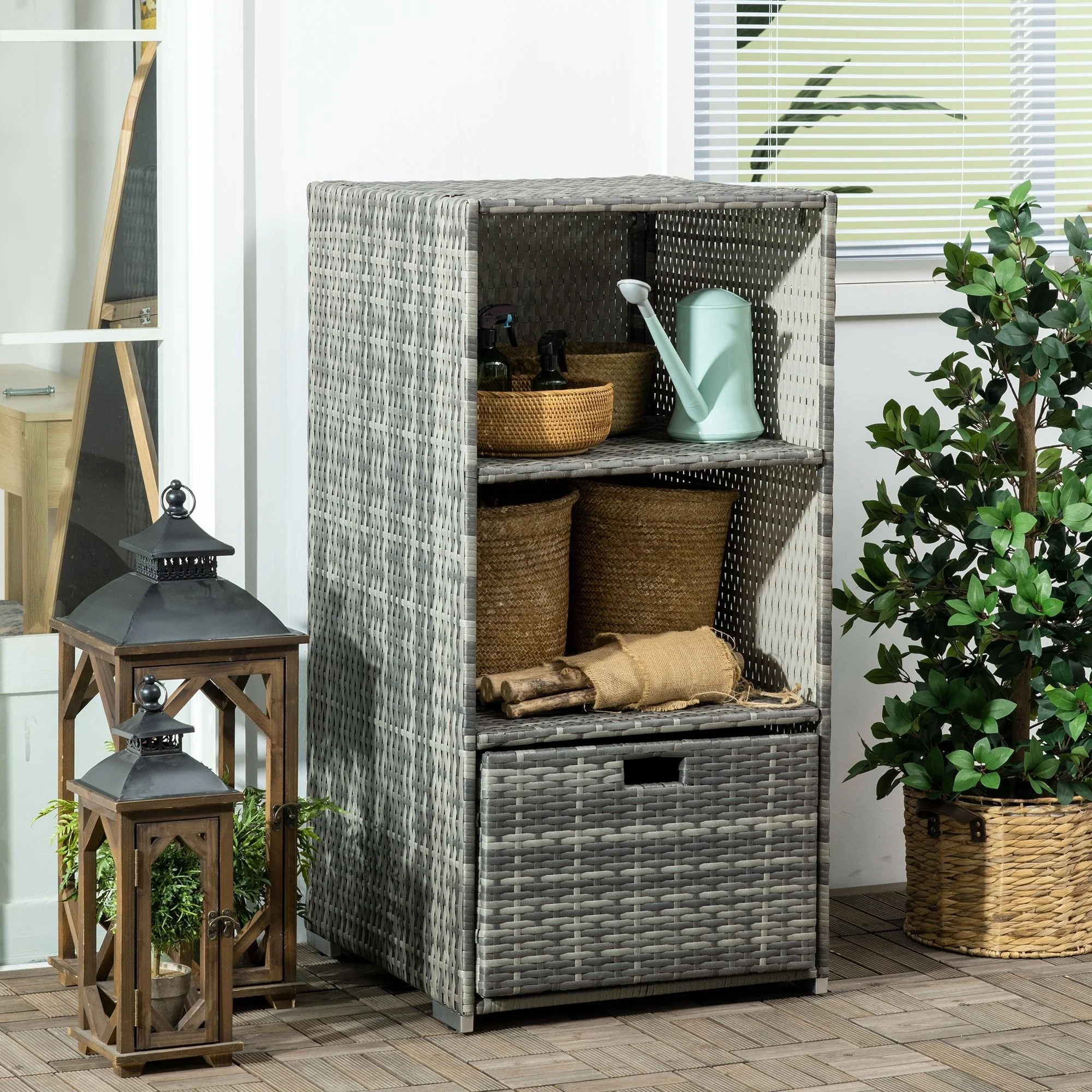 Outsunny Valet Pool Towel Rack, Waterproof PE plastic Rattan Wicker, Indoor Outdoor Spa, and Hot Tub Accessory Storage