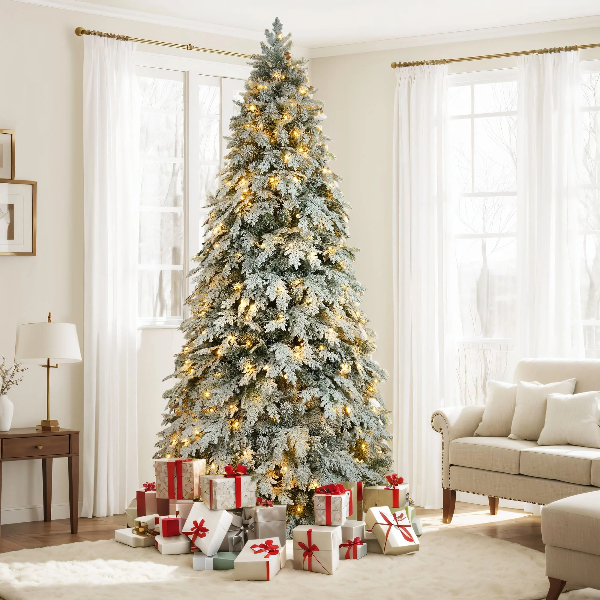 Premium 7.5ft Christmas Tree with LED Lights, 1200 Branches and Snow Flocking, Fake Xmas Tree for Christmas Decorations