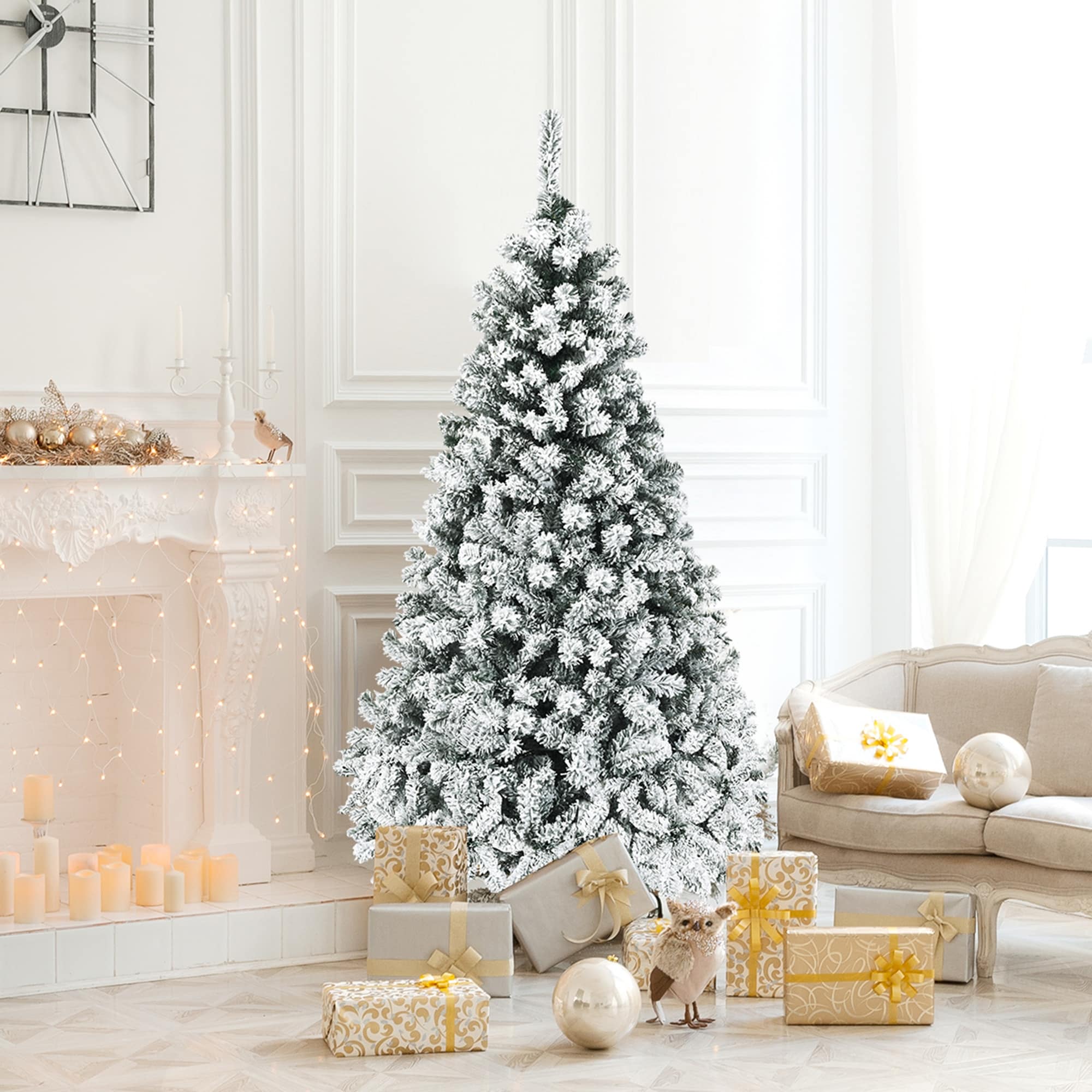 Gymax 6/7.5/9 FT Pre-Lit Christmas Tree Snow Flocked Hinged Pine Tree