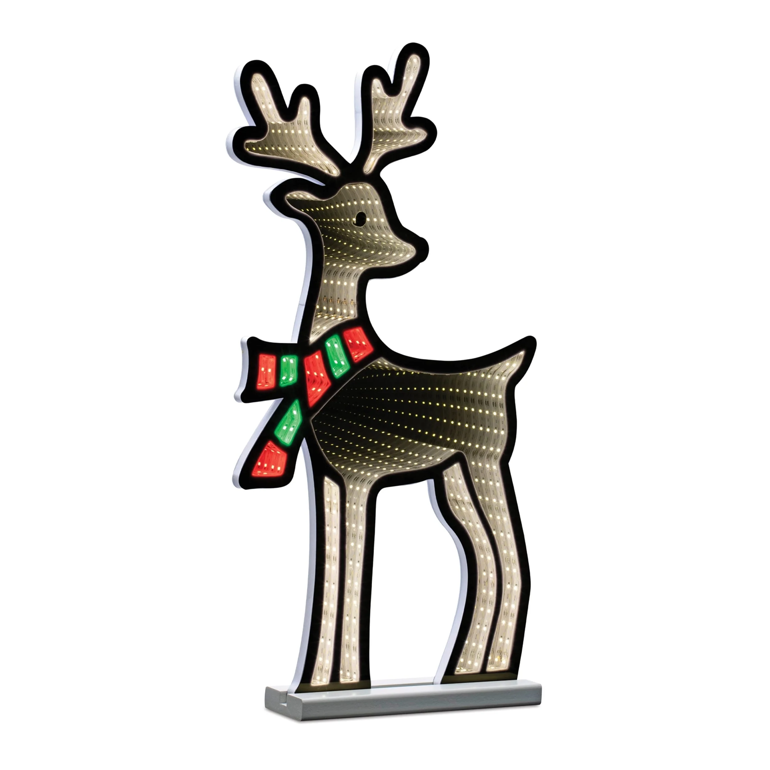 Red-White Acrylic Plastic Deer with Scarf and Infinity Light Display - 13.25” x 2.75” x 23.5” (L x W x H)