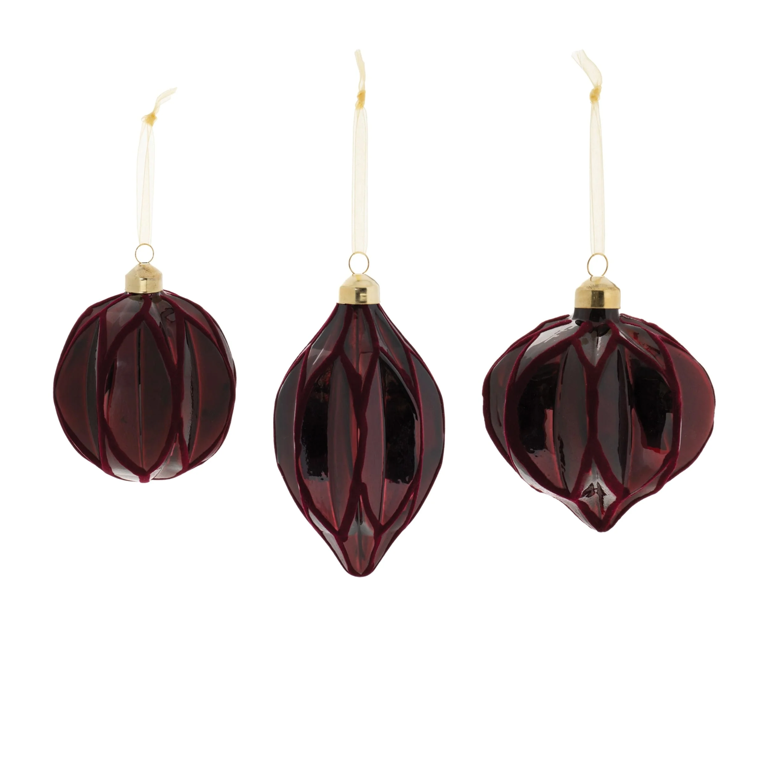 Set of 6 Red Velvet Glass Christmas Ornaments Ribbed Ball Onion Drop Shapes for Tree Decor - 3.5”L x 3.5”W x 4”H