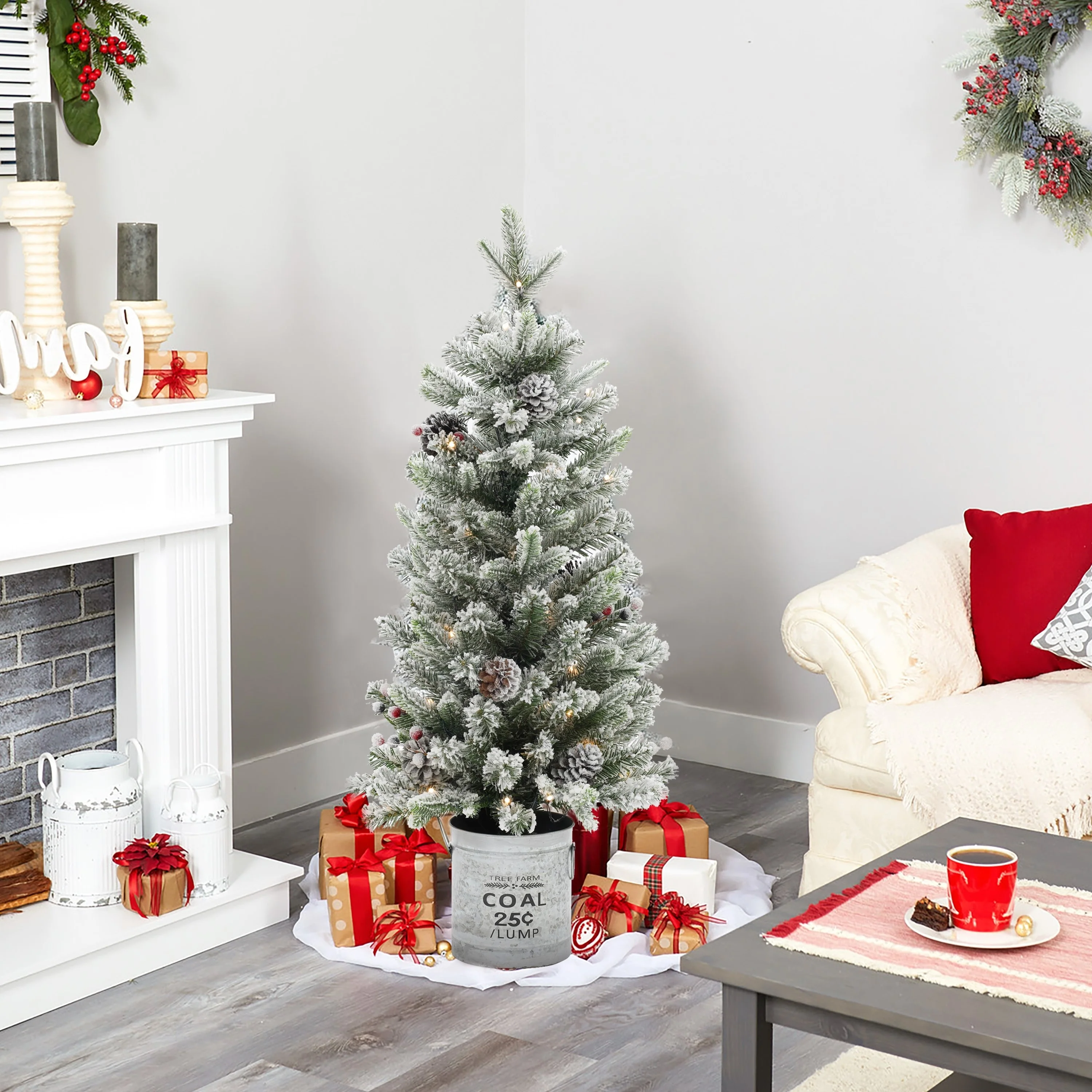 Snow-Flocked Artificial Christmas Tree with Pinecones and Berry Decorations in Metal Pot, Battery Op Lights with Timer