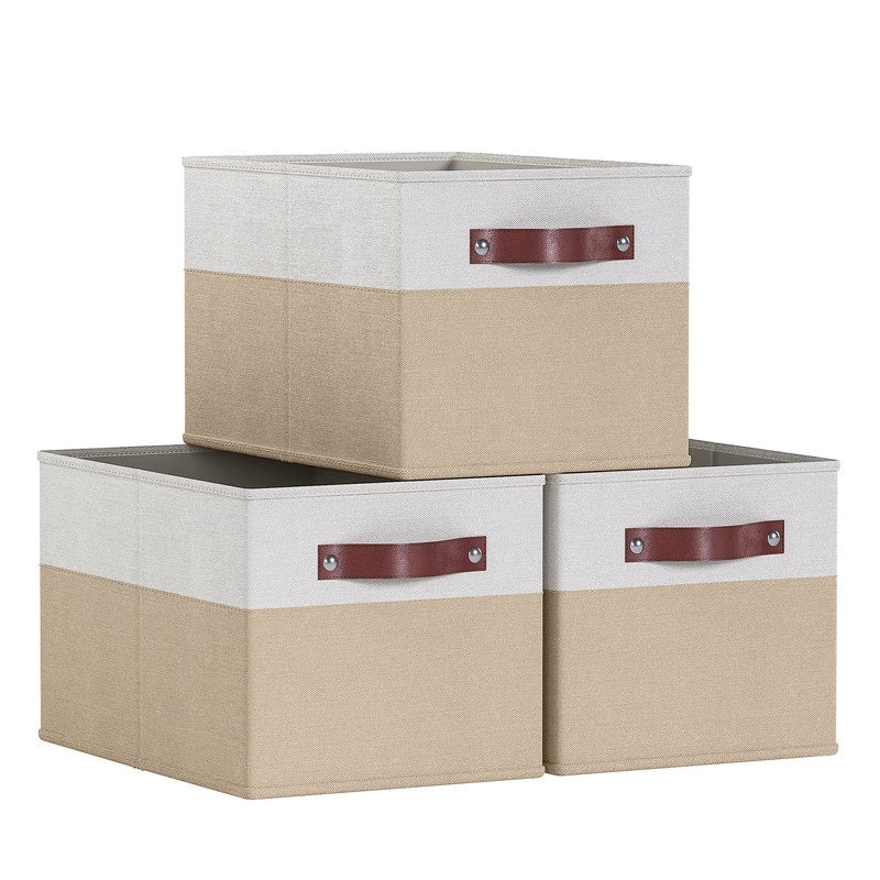 3 Pack Collapsible Shelf Basket Rectangle Storage Bins with Faux Leather Handles