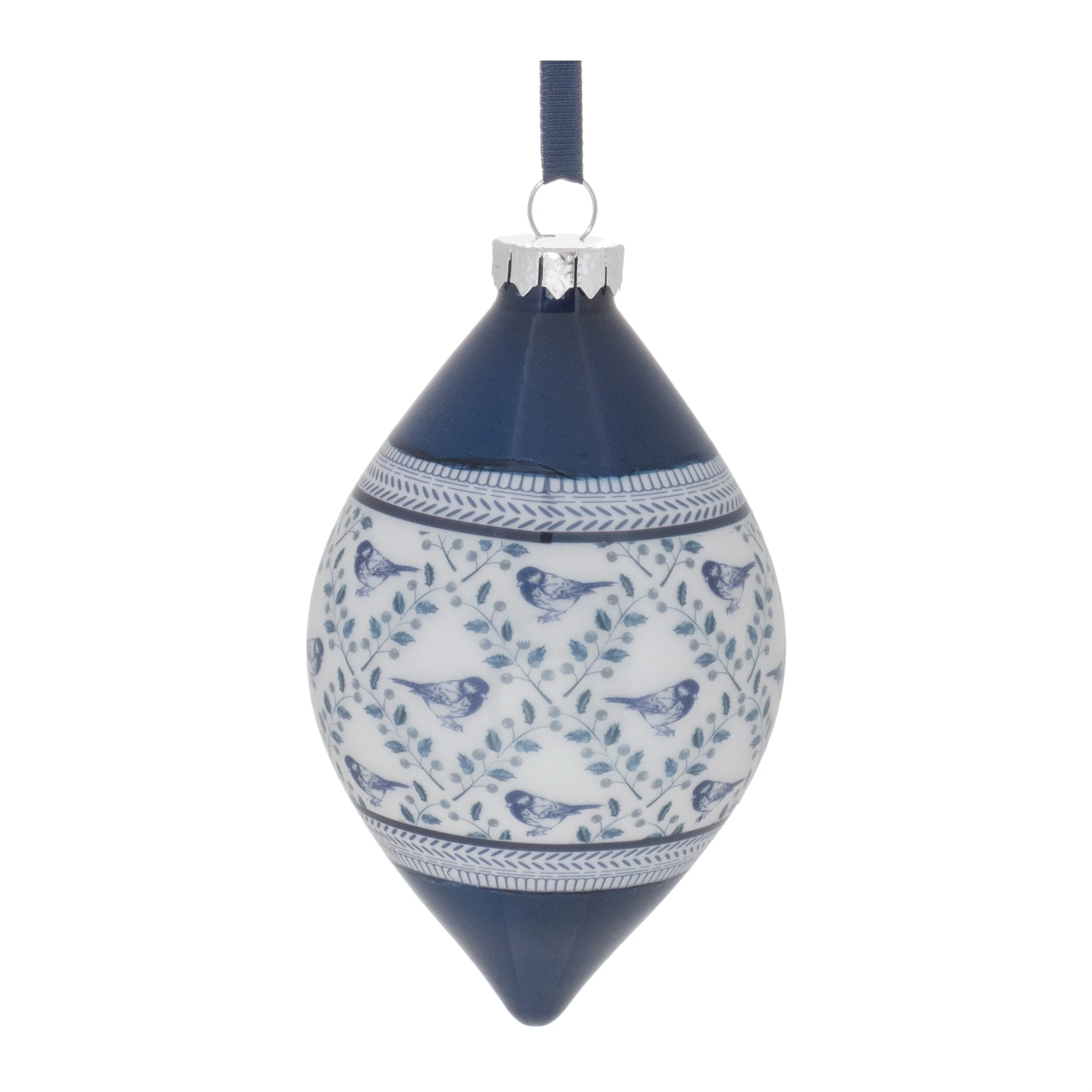 Set of 6 Blue White Glass Chinoiserie Christmas Ornaments with Bird Floral Design for Holiday Decor - 4.5”L x 4.5”W x 4.5”H