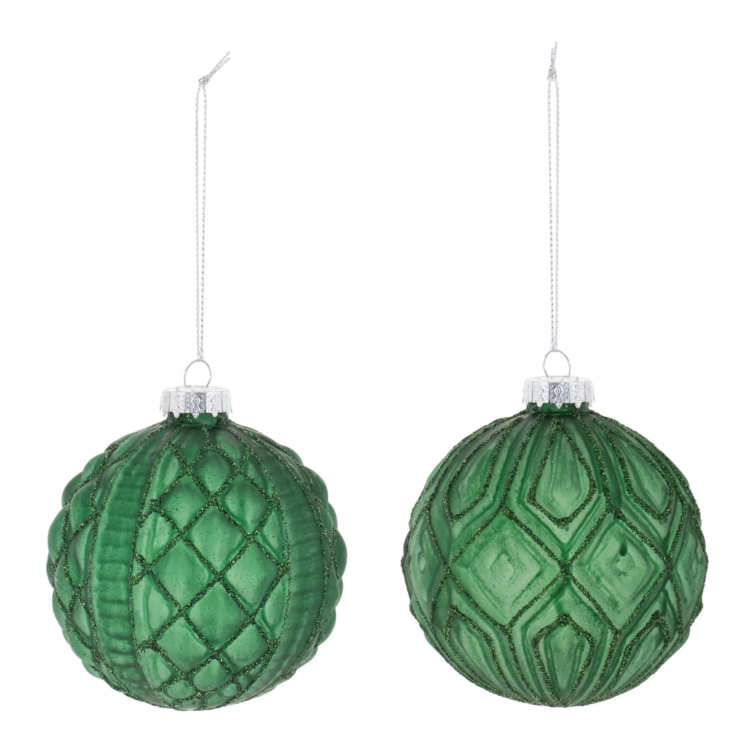 Green Glass Frosted Geometric Ball Ornaments Set of 12 with Glittered Finish - 3” x 3” x 3” (L x W x H)